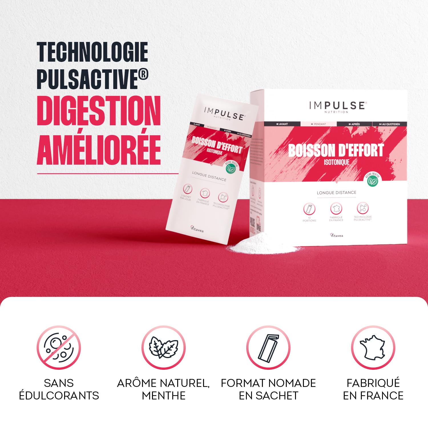 Impulse Nutrition - Boisson isotonique d’effort Saveur Menthe avec 3 glucides, électrolytes, BCAA - Énergie, Hydratation, Récupération - Pour les Longues distances - 10 sachets - Fabriqué en France