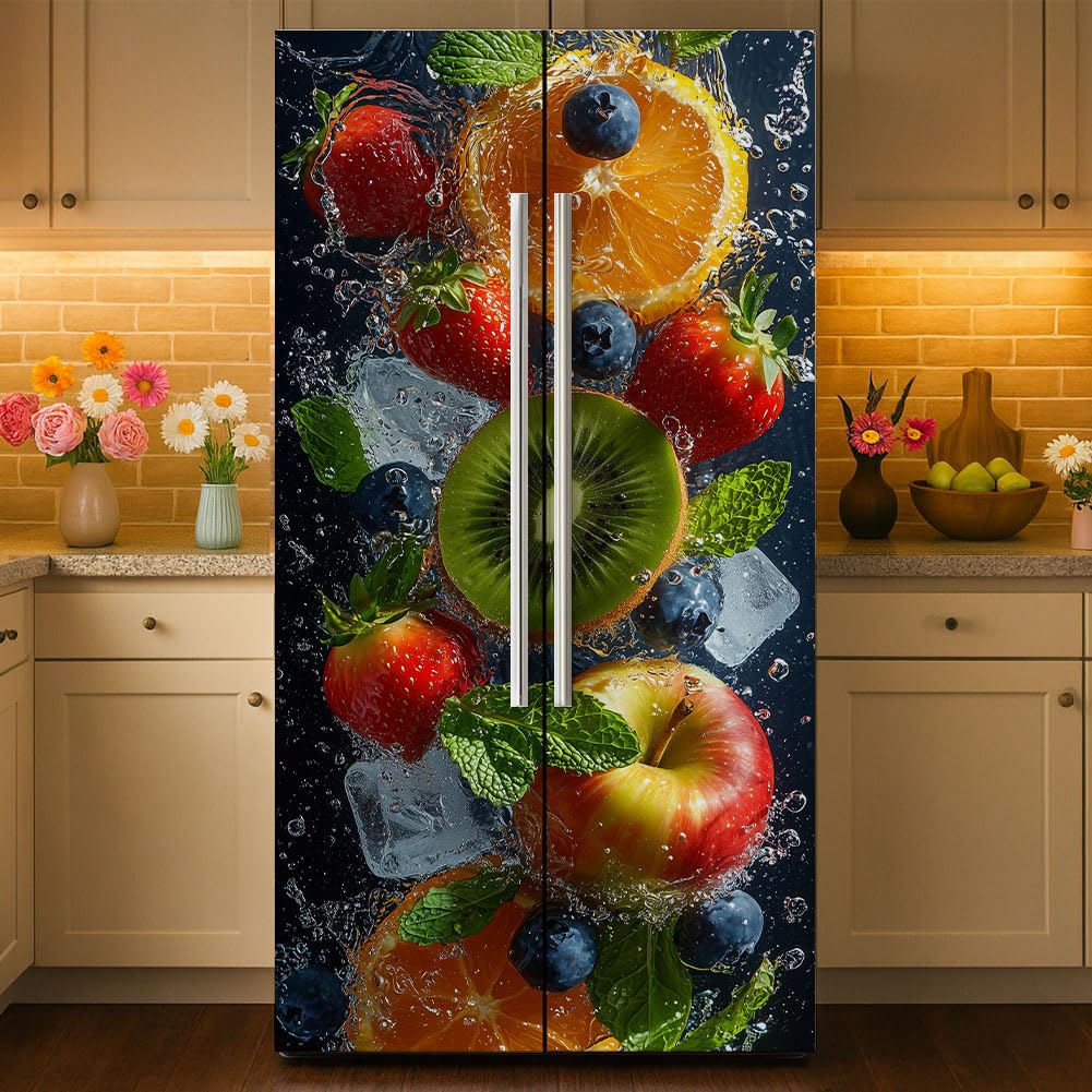 GOMAKERER 2 Pcs Fruits Pattern Removable Refrigerator Wraps, Self-Adhesive Fridge Door Mural Vinyl Freezers Panel Cover Sticker for Kitchen Bar Decor, 41.5x200cm