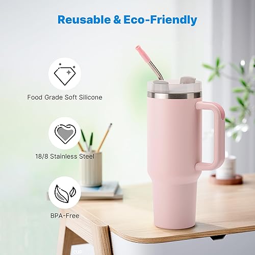 Miniatura 64 de Metal Straw with Silicone Tip for 40oz Stanley Cup, 2 Pcs Stainless Steel Straws Replacement for Stanley 40 oz Adventure Quencher Travel Tumbler
