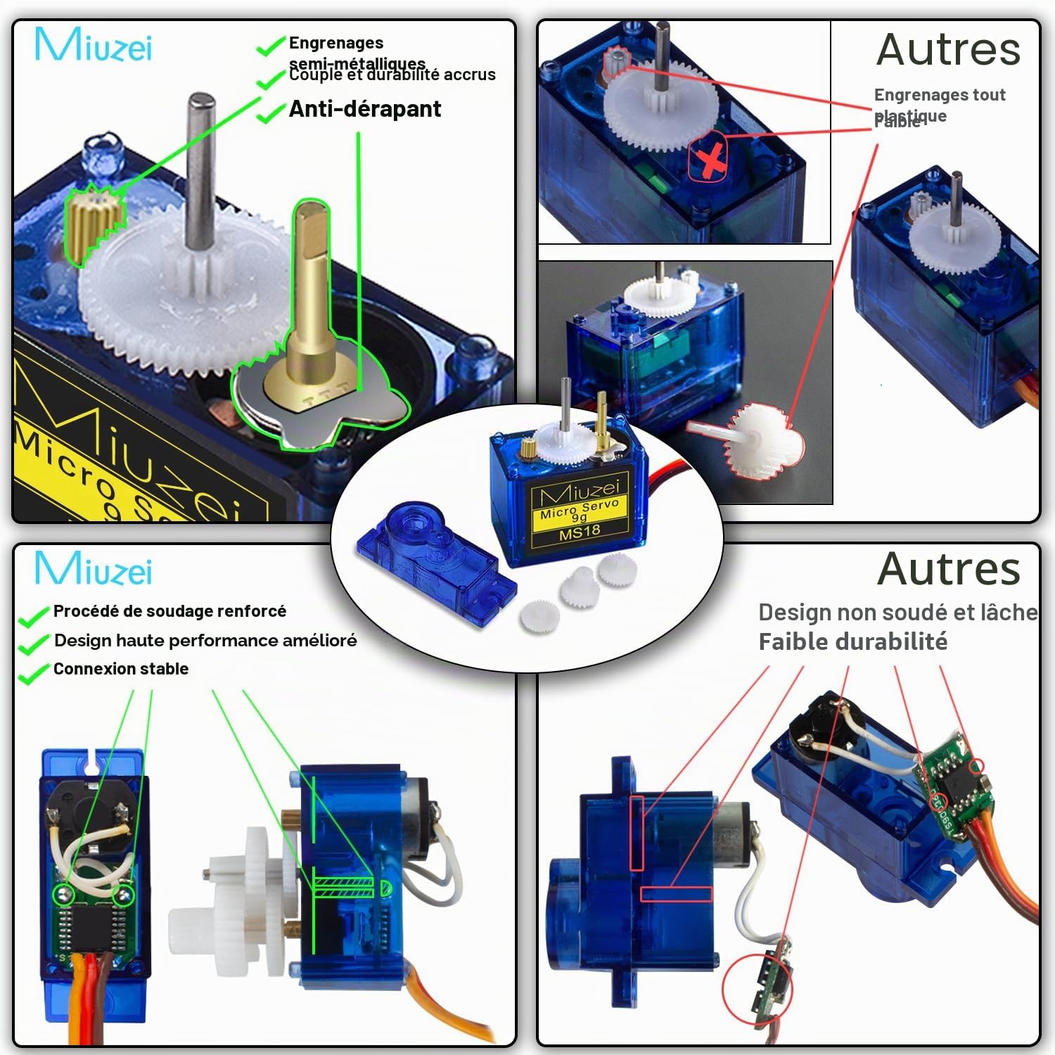 Miuzei 10X Micro Servo Moteur 9G pour RC Robot Bras/Main/Marche Avion Hélicoptère Bateau Voiture Véhicule Commande avec Câble，180° Mini Servomoteur Compatible avec Arduinoet et Raspberry Pi