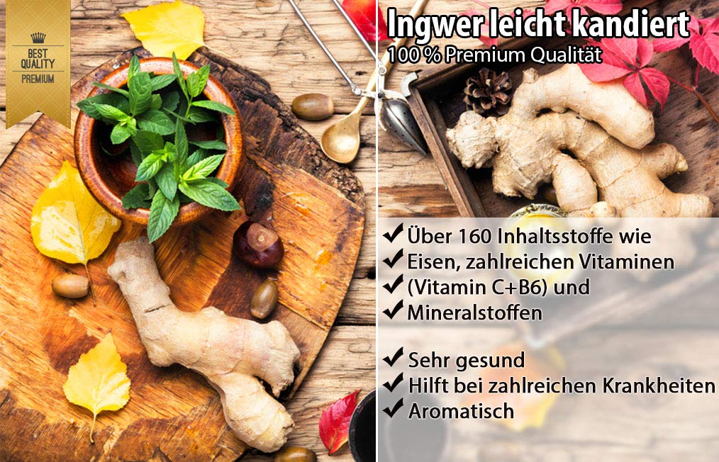Ingwer getrocknet leicht kandiert Ingwerstücke 250g - 2500g Frischebeutel 100% Natural aromatisch scharf leicht gezuckert kandiert ungeschwefelt ohne Konservierungsstoffe ohne Farbstoffe (1000g)