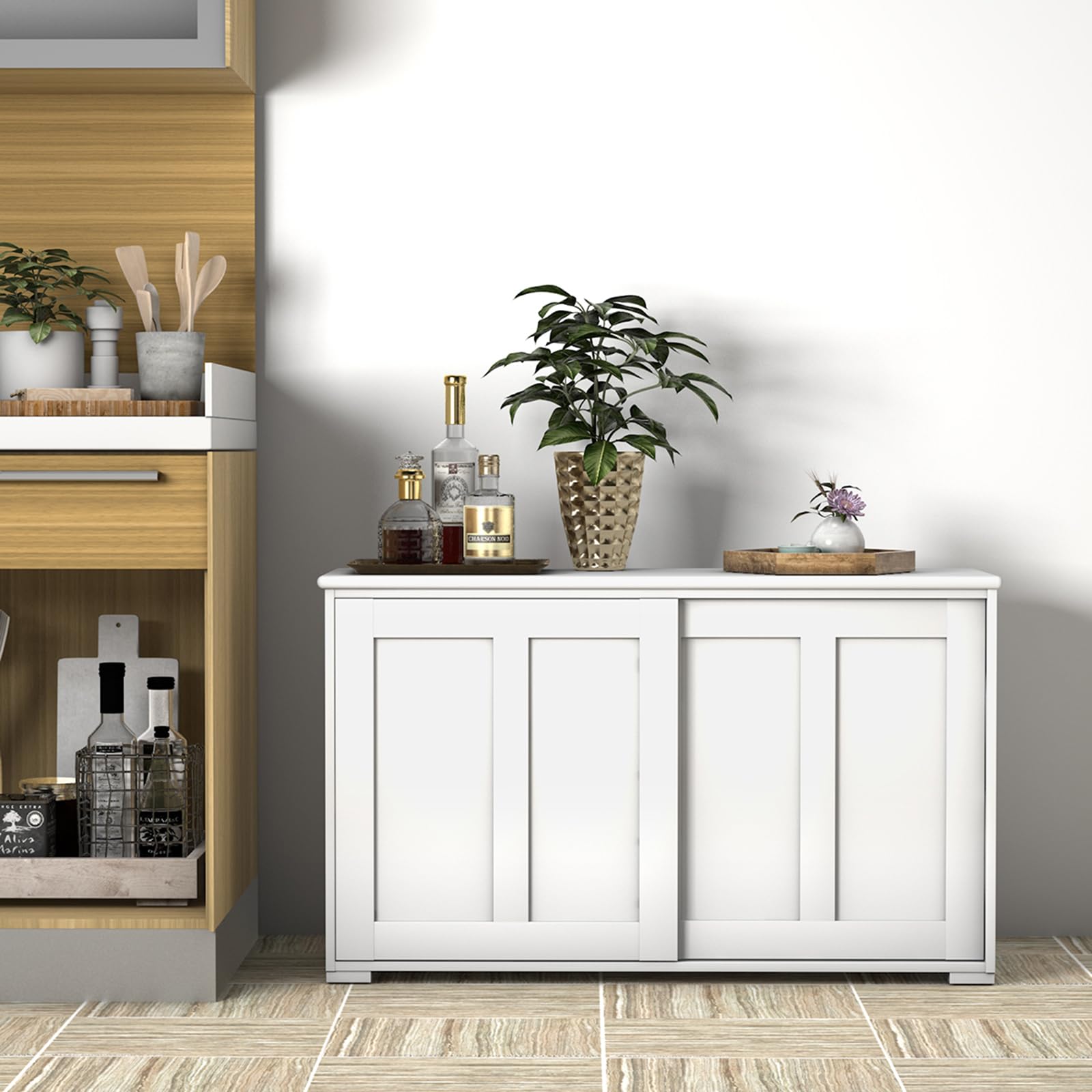 COSTWAY Armadietto da Cucina Mobiletto per Cucina Composto da 2 Porte Scorrevoli Dimensioni: 106,5 x 33 x 60 cm (Crema)