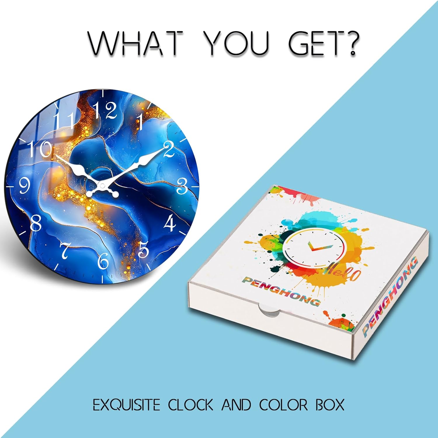 Large Wall Decor Modern Wooden Clock – Marble Texture Design Blue Wall-Clocks Battery Operated Silent Movement 16 Inch for Hallway