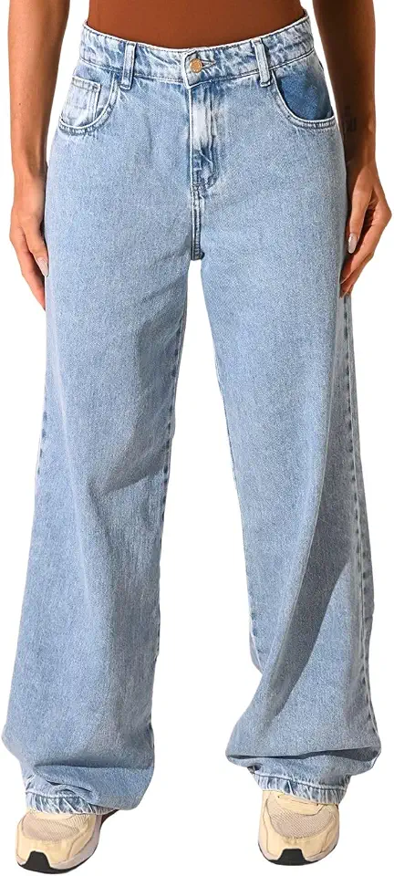 Calça Jeans Feminina Wide Leg Cintura Alta, Lavagem Clara Azul, Estilo Baggy Skate Urbano