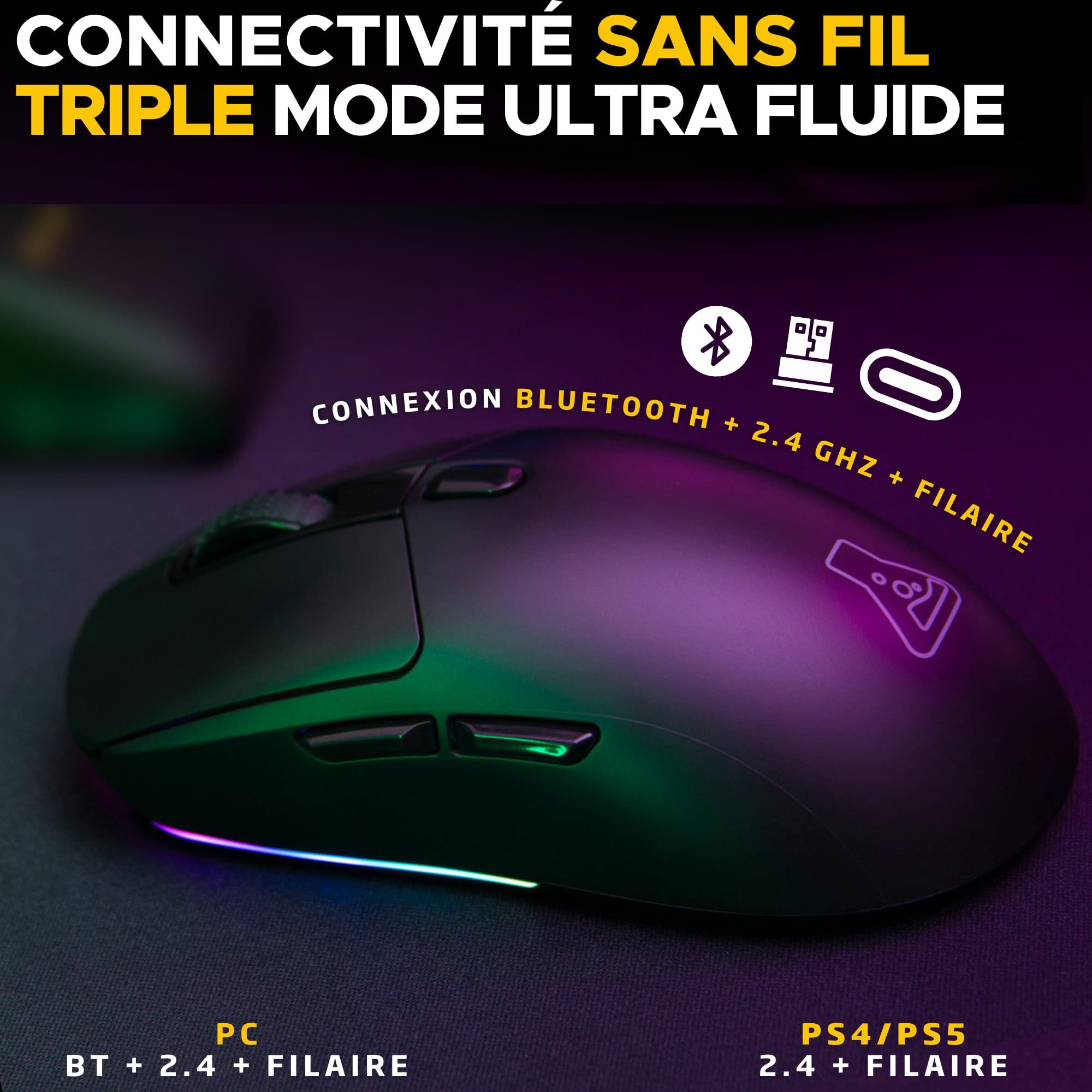 The G-Lab – Kult Titanium - Souris Gamer sans Fil Rechargeable - Souris Bluetooth/USB 2.4/Filaire Triple Mode, RGB, 12 000 DPI, 100h d'Autonomie, 100% Personnalisable - PC/PS4/PS5/XBOX - New