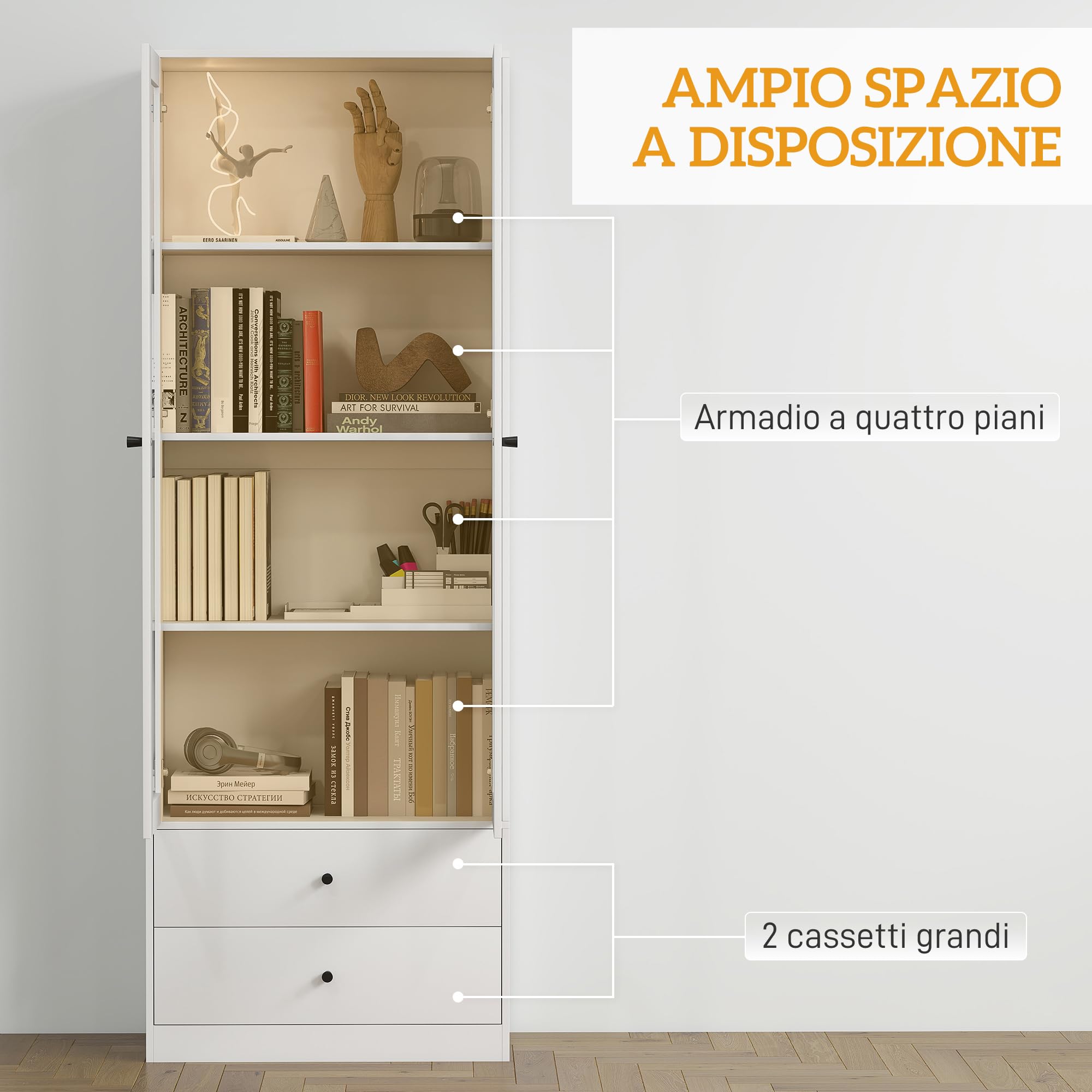 HOMCOM Credenza Cucina Multiuso Mobile con 2 Cassetti 59x30x164cm Bianco | Armadietto, per Soggiorno e Salotto, Ante in Vetro, Cerniere Ammortizzate, Ripiani Regolabili