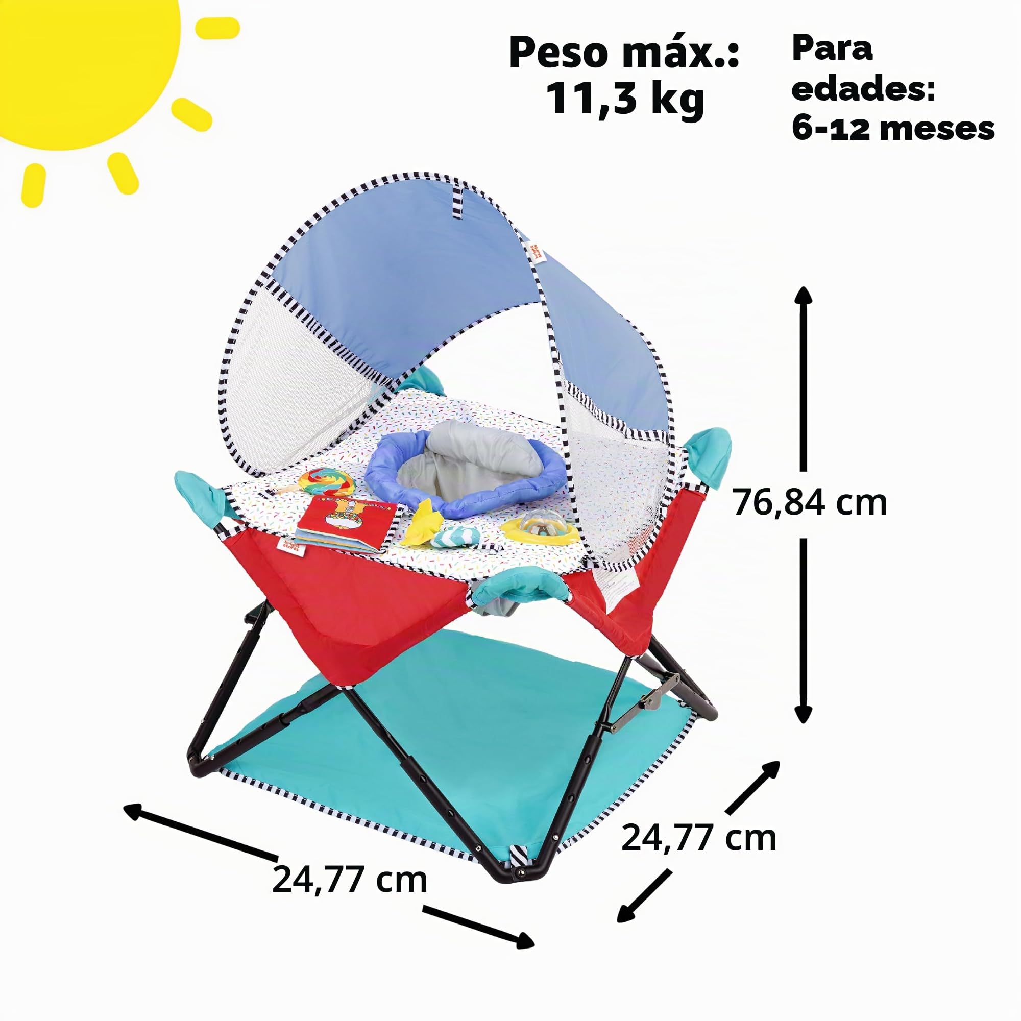 Bright Starts, Saltador Interactivo Portátil Pop 'N Jump, Dulces Golosinas, para Uso en Interiores y Exteriores, Incluye 4 Juguetes Sensoriales, para Bebés de 6 a 12 Meses