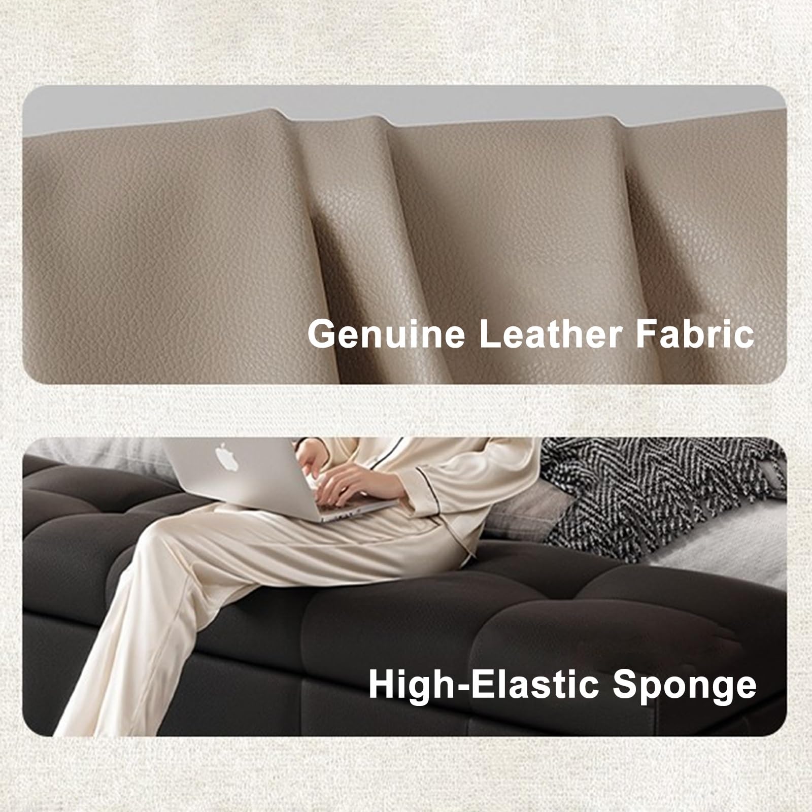 Cassapanca Contenitore da Interno Rettangolare con Tessuto in Vera Pelle, Panca Contenitore con Schiuma Ad Alta Resilienza, per Camera da Letto, Soggiorno, Camerino(Dark gray,80cm/31.4in)