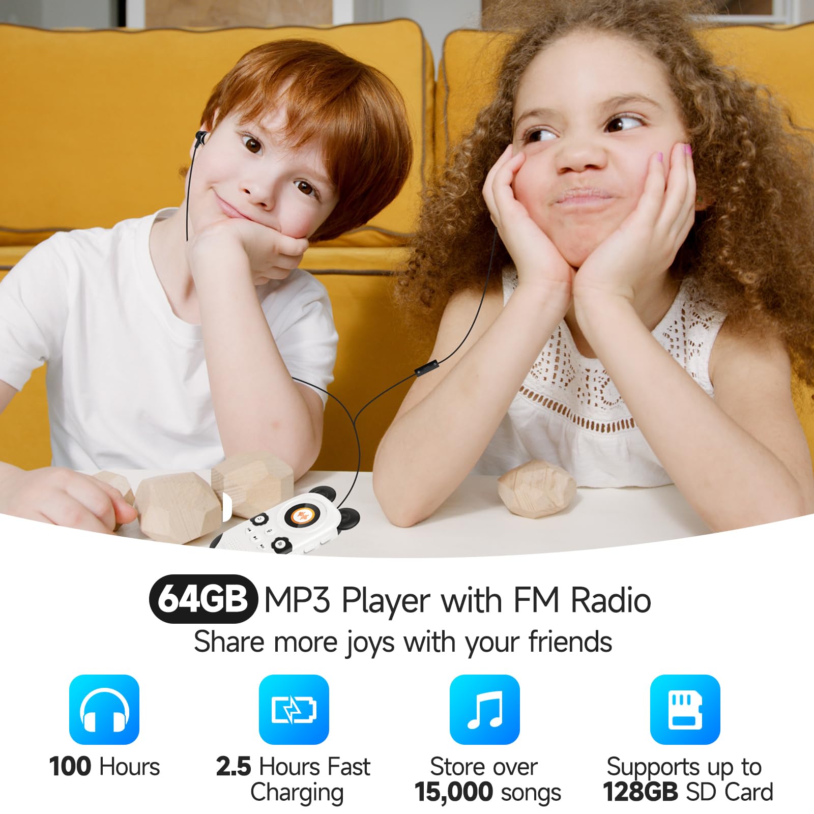 RUIZU 64 GB dziecięcy odtwarzacz MP3 z Bluetooth 5.3, głośnik i słuchawki, łatwa obsługa, bez smartfona, radia FM, nagrywanie głosu, budzik
