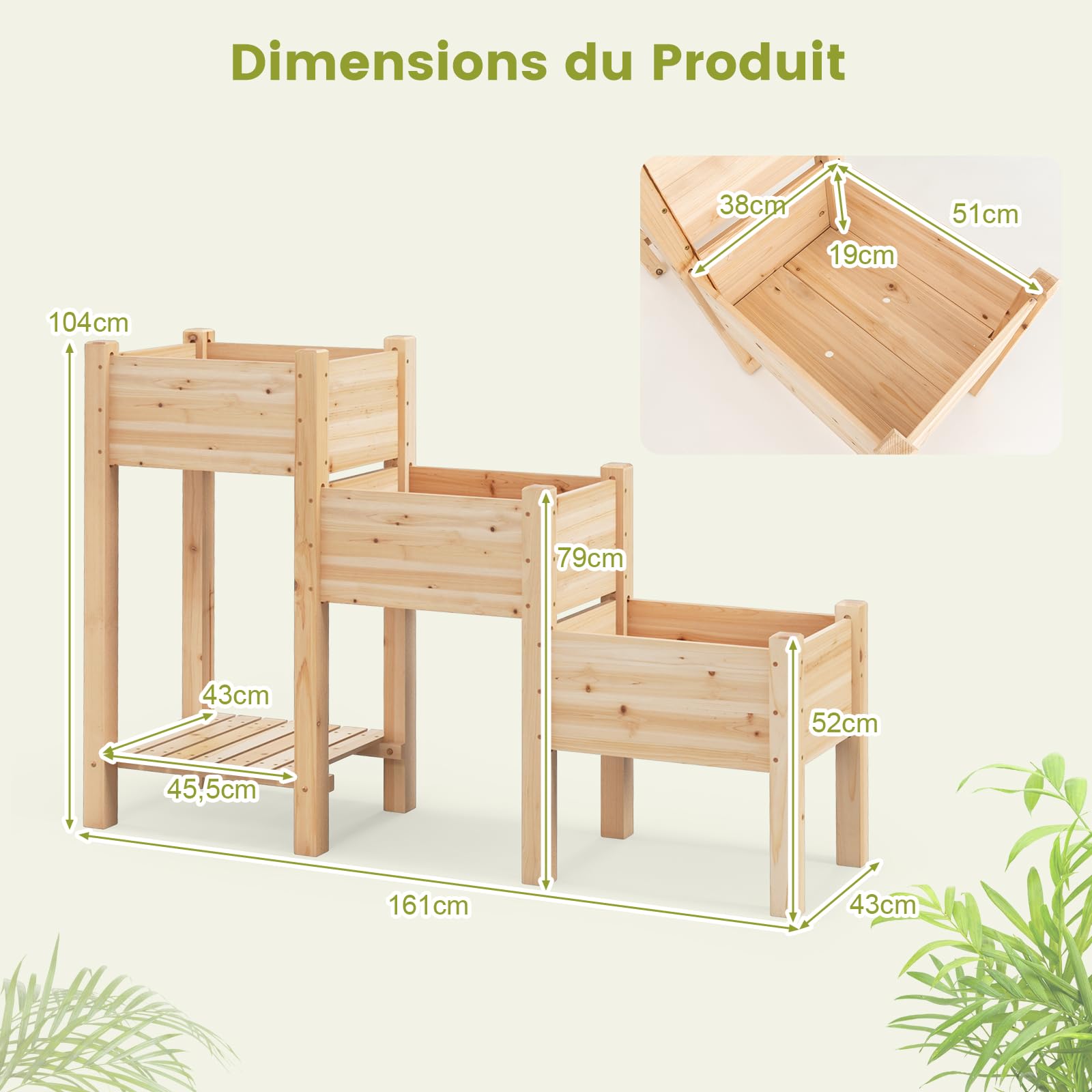 RELAX4LIFE Carré Potager Surélevé à 3 Étages en Bois | Jardinière Extérieure avec 3 Bacs à Plantes, Trous de Drainage et Étagère de Rangement Ouverte pour Fruits et Légumes