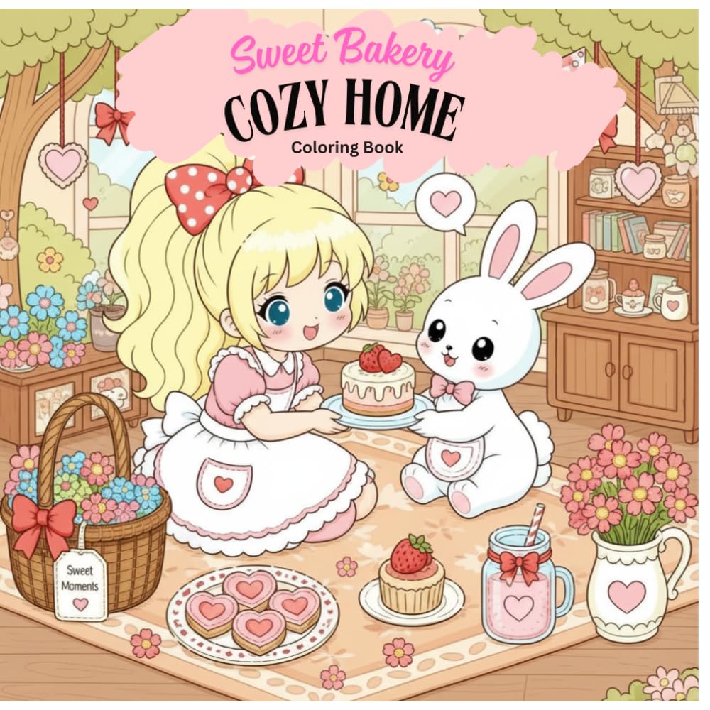 Sweet Bakery Cozy Home Coloring Book 3: 50 Relaxing Kawaii Bakery Coloring Pages with Cute Girls, Bunnies, Cakes, Cupcakes, Cookies, and Cozy Dessert Scenes