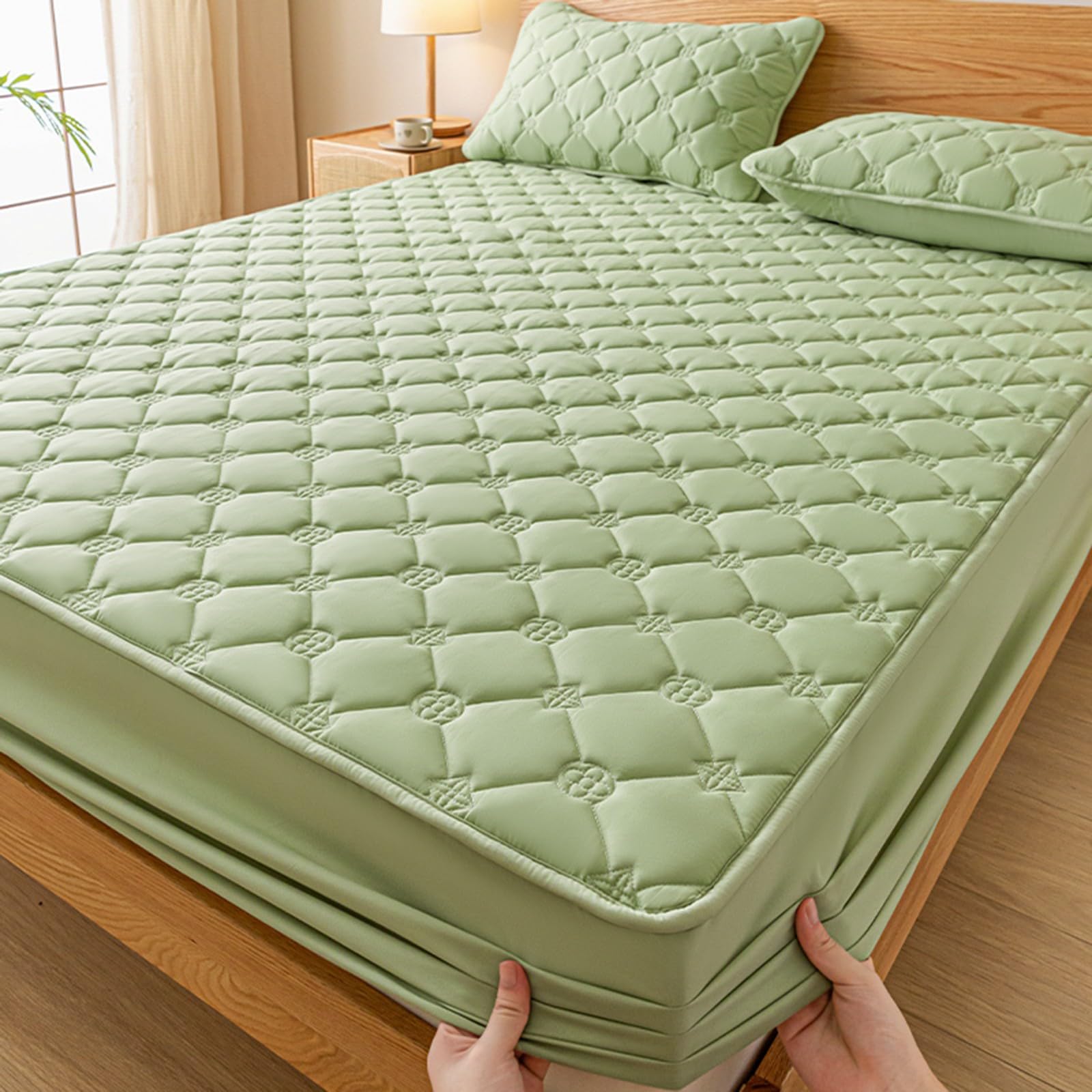 Wasserdichter Matratzenschoner,Gesteppter Spannbettlaken-Matratzenschoner mit 2 Kissenbezügen,Weiche Atmungsaktive Kühlende Matratzenauflage,Hypoallergen und Geräuschlos(Green,200x220cm)