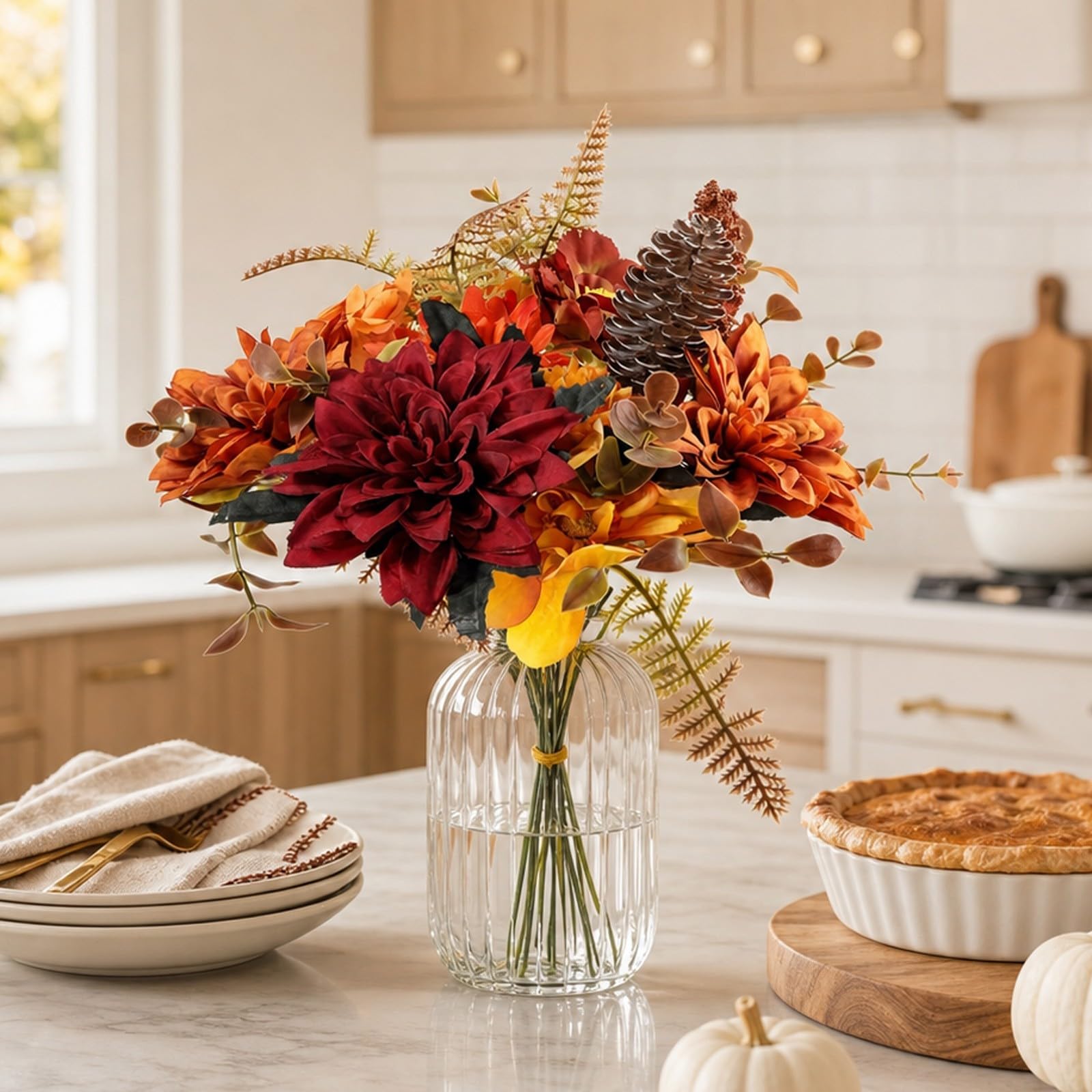 Künstlicher Chrysanthemen Strauß Saison - Seidenblumen für deko mit Eukalyptus für Vase Tischdeko Wohnzimmer 42cm(E)