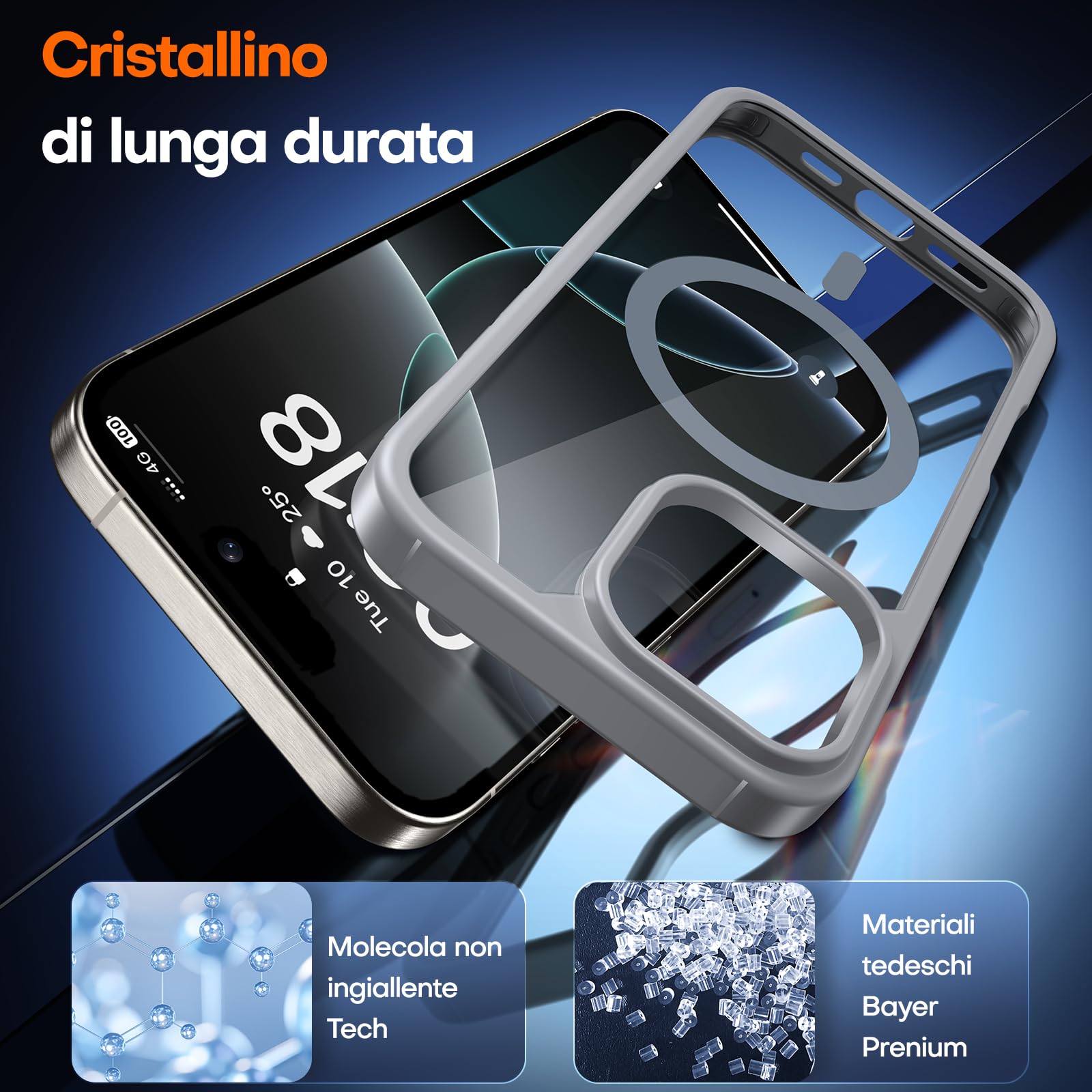 TAURI 3 in 1 Kit Magnetica Cover per iPhone 16 Pro [Compatibile con MagSafe] con 2 Pellicola in Vetro Temperato, Custodia Rigida per Sottile Anticaduta - Grigio