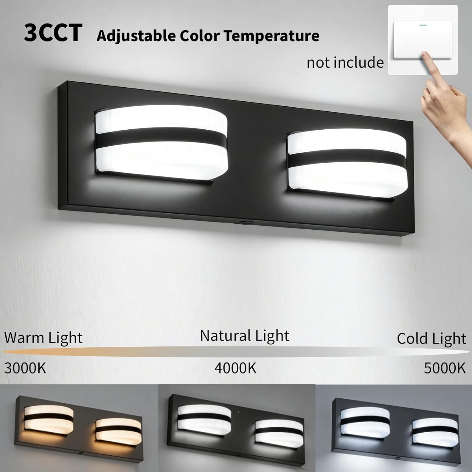 LED Bathroom Vanity Light, 360°Rotatable, 3CCT 2 Light, Black Modern Matte Bathroom Lighting Fixtures, Over Mirror Vanity Lights for Bedroom, Living Room, ETL Certified