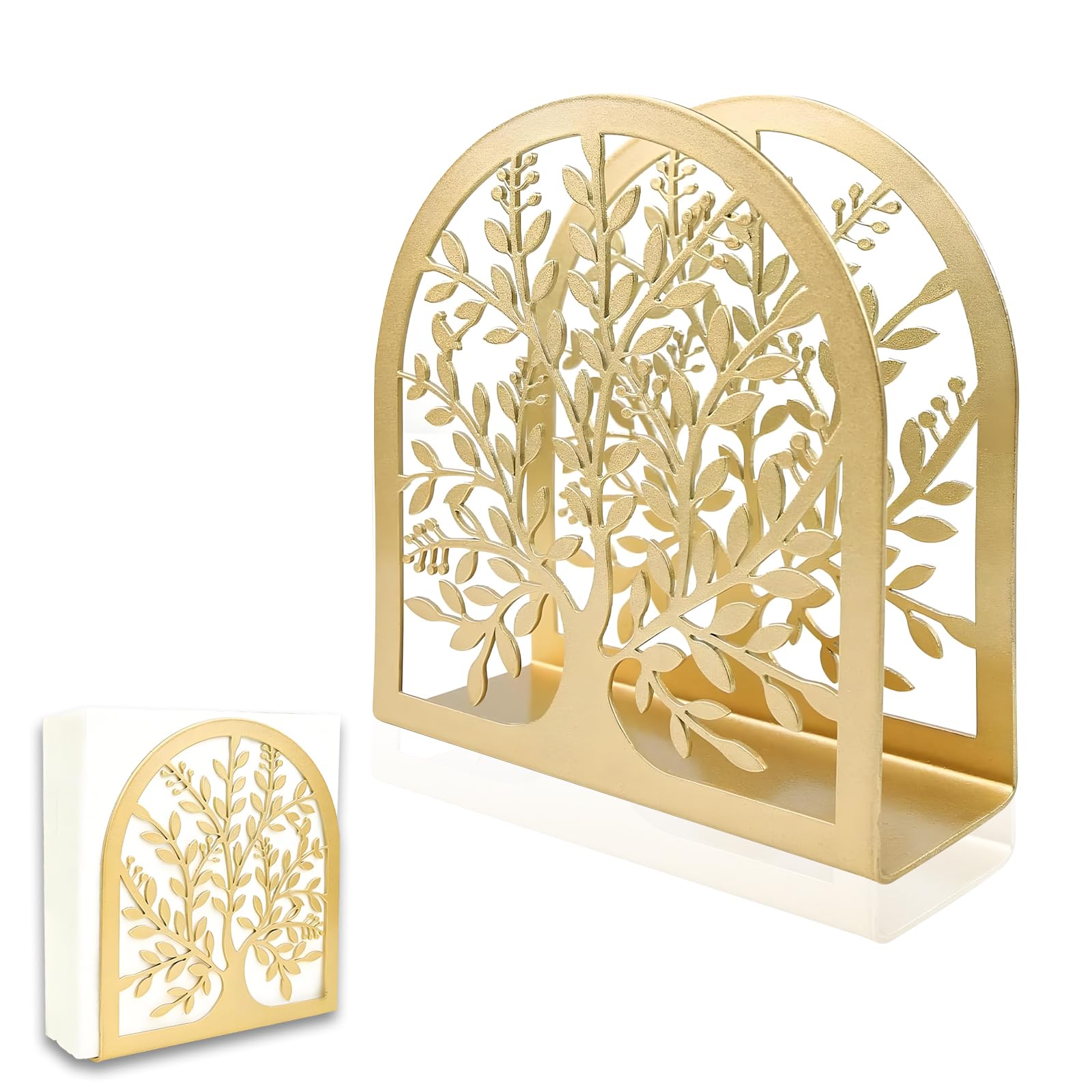 Napkin Holder for Tables, Heavy Duty Gold Napkins Holders Tree of Life Design Napkin Dispenser Metal Standing Serviette Holder for Kitchen