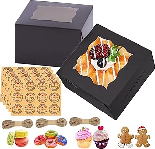 GUIFIER 50 PCS 4 Inch Bakery Boxes with Window, Small Cookie Boxes 4x4x2.5 Inches Cake Boxes, Paper Treat Favor Boxes for Cupcakes Candy Chocolate Strawberries Muffins Donuts Dessert Pastry (Black)