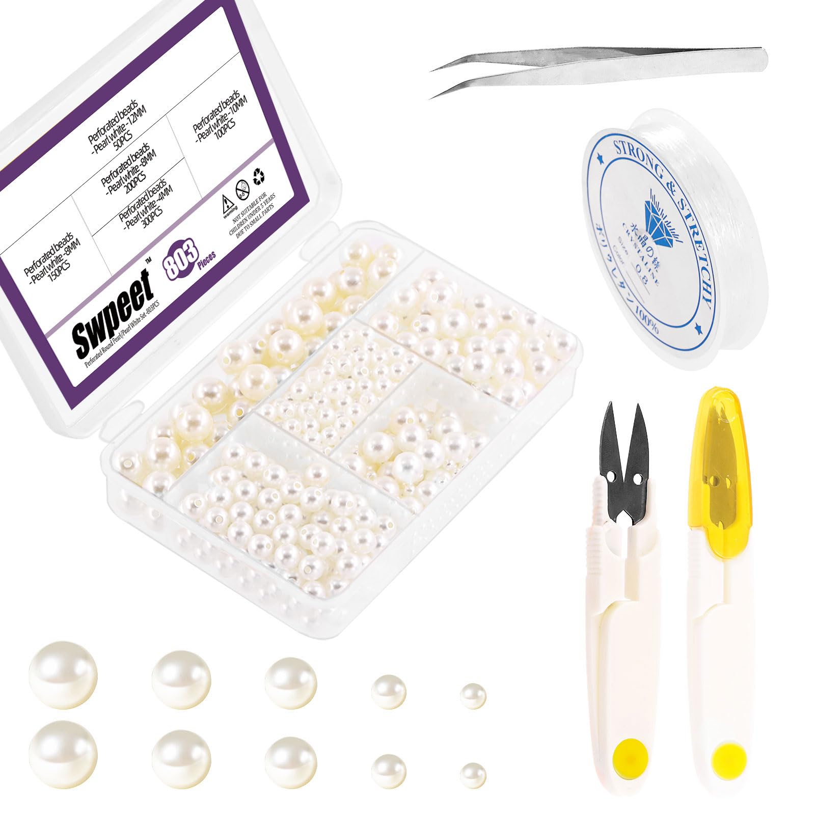 Sweet Lot de 800 perles perforées blanches de 5 tailles illiètre 4-12