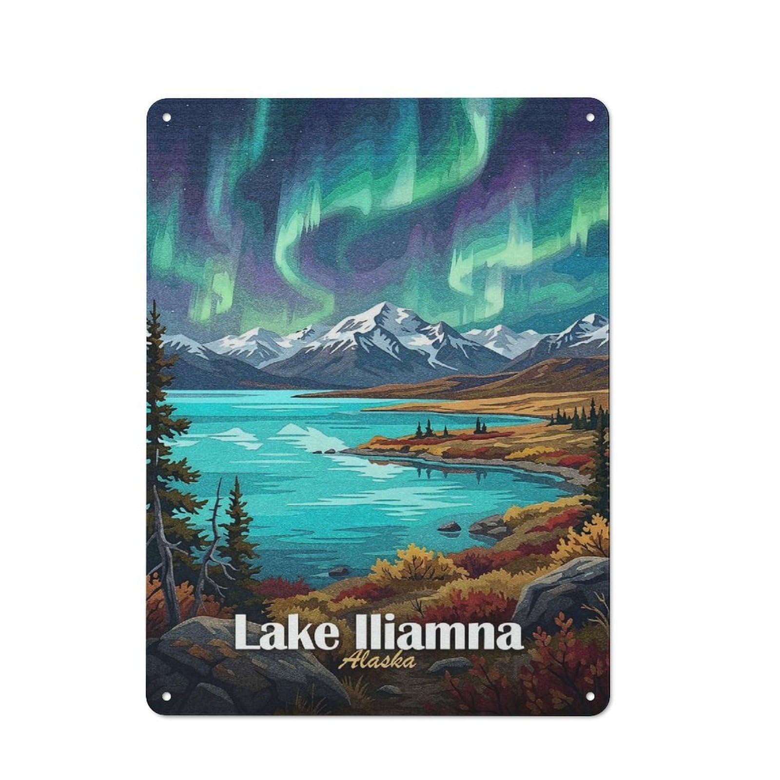 Lake Iliamna Alaska Aurora Landscape Art Tin Sign 40x30cm, Vintage Home Bar Decor for Cafe, Pub, Workshop Or Home Bar, for Relaxed Wall Styling