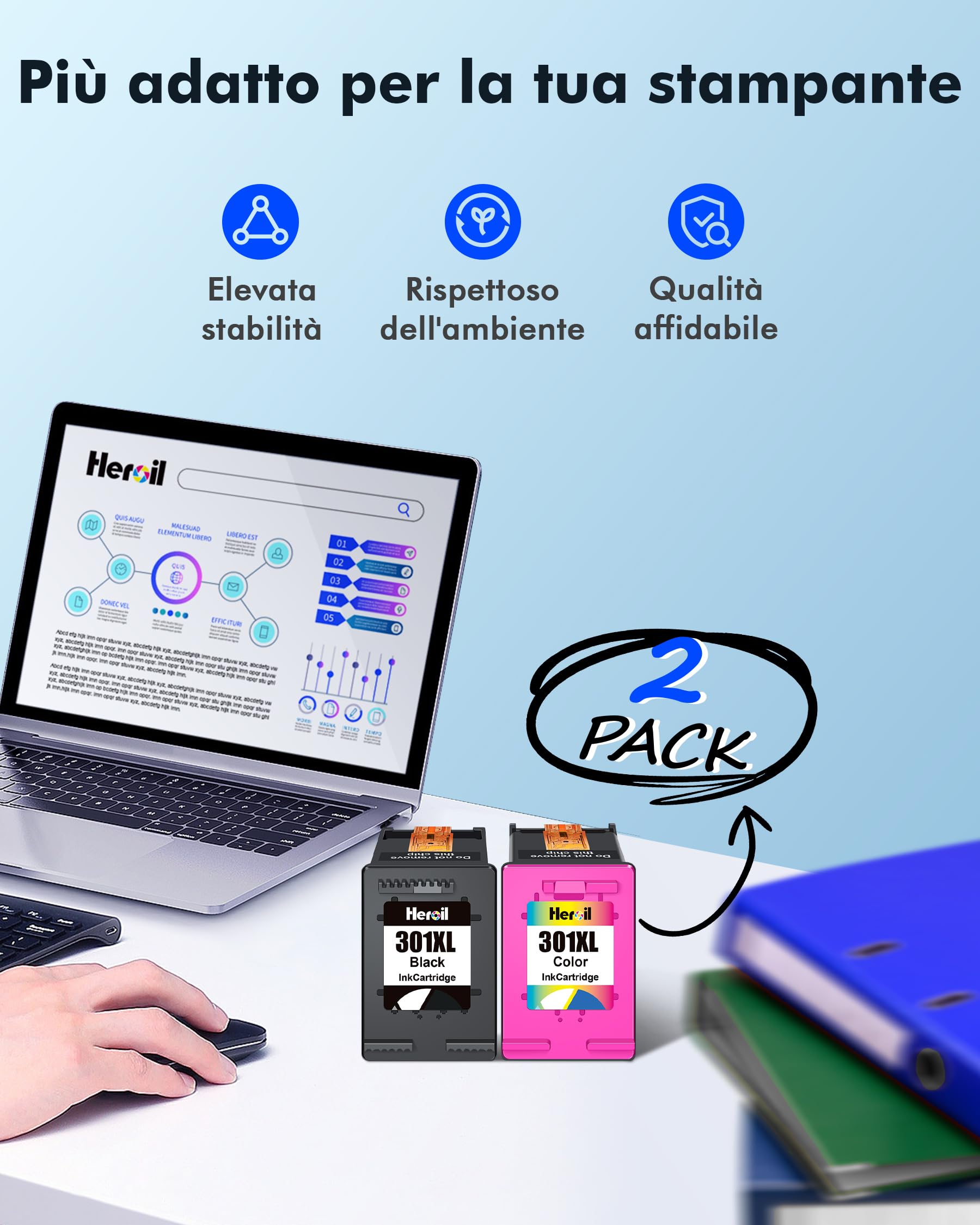 Heroil 301 XL 301XL Cartucce d'inchiostro Rigenerato per HP 301 Nero e Colore Compatibile per HP OfficeJet 2620 2622 4504 4630 5534 Envy 4500 5530 5532 Deskjet 1000 1010 1510 2050 2540 3050 (2-Pack)