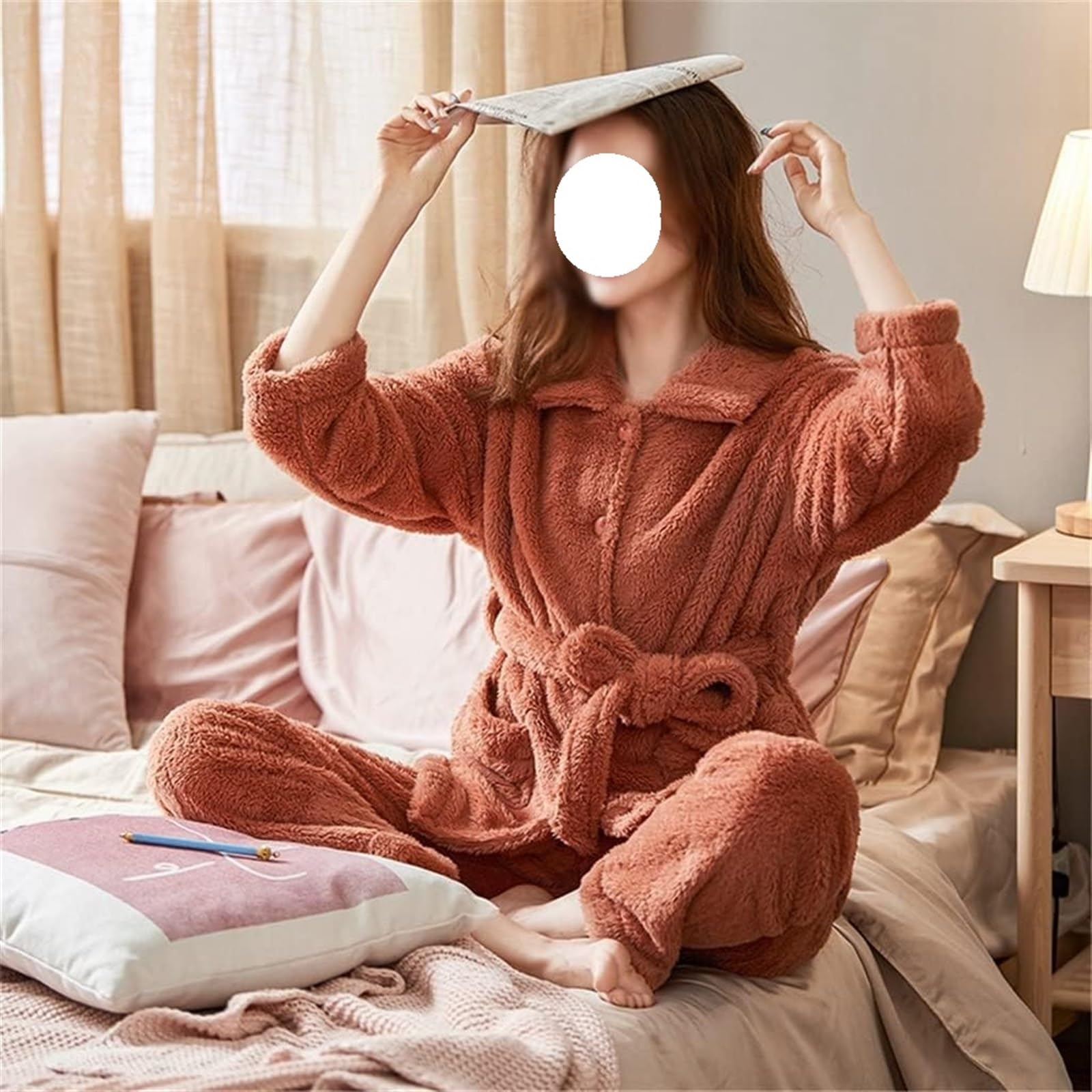 Bata de Casa Pijamas Para Mujer, Franela Cálida, Conjuntos De Sección Larga Gruesa, Ropa Dormir Manga Bathrobe