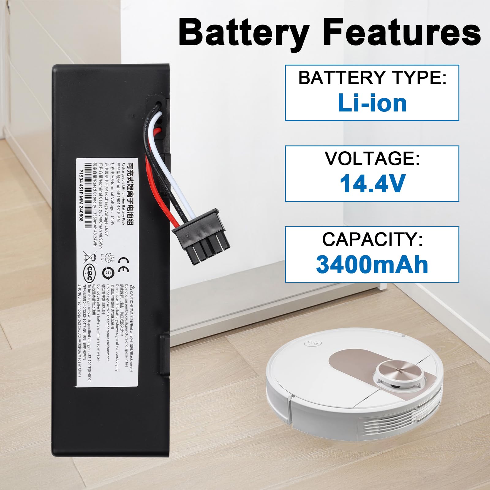 14.4V 3400mAh 48.96Wh Zamiennik baterii do Xiaomi Mijia STYTJ02YM i Mop 2S / Mop Pro/Mop P / Viomi SE V3 V2 bateria do Yunmi MVVC01-G i Conga 3290 3390 3490 3590 3690 363790 3890
