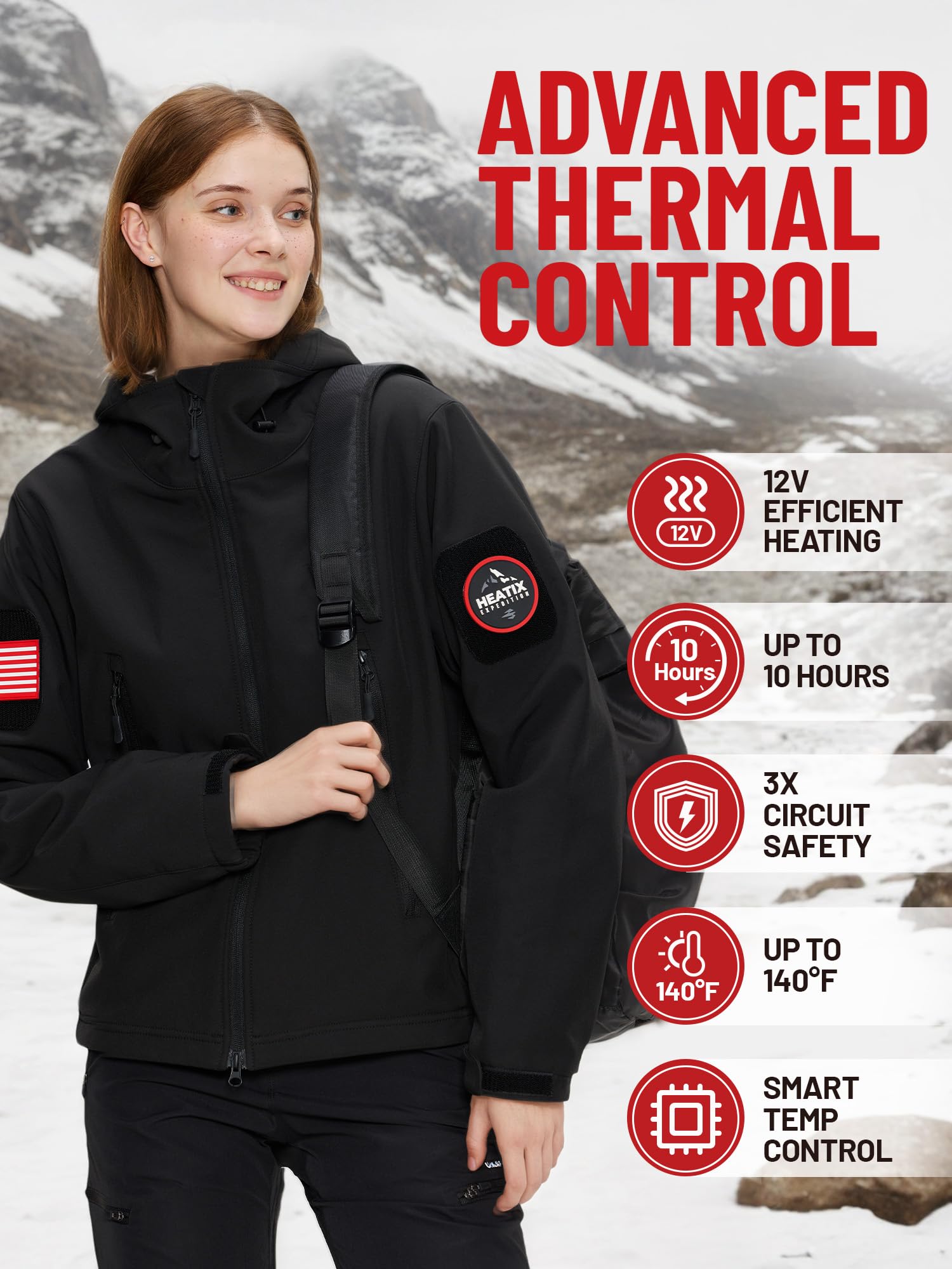 Veste chauffante pour femme avec batterie 12V - Manteau chauffant Softshell 5 zones de chaleur pour la randonnée et les loisirs en plein air