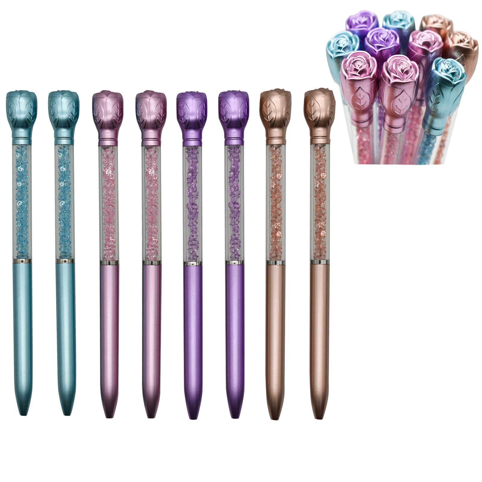 Maydahui 12 PCS Retractable Rose Flower Ballpoint Pen Crystal Quicksand Gem Pens Black Ink for School Wedding Party