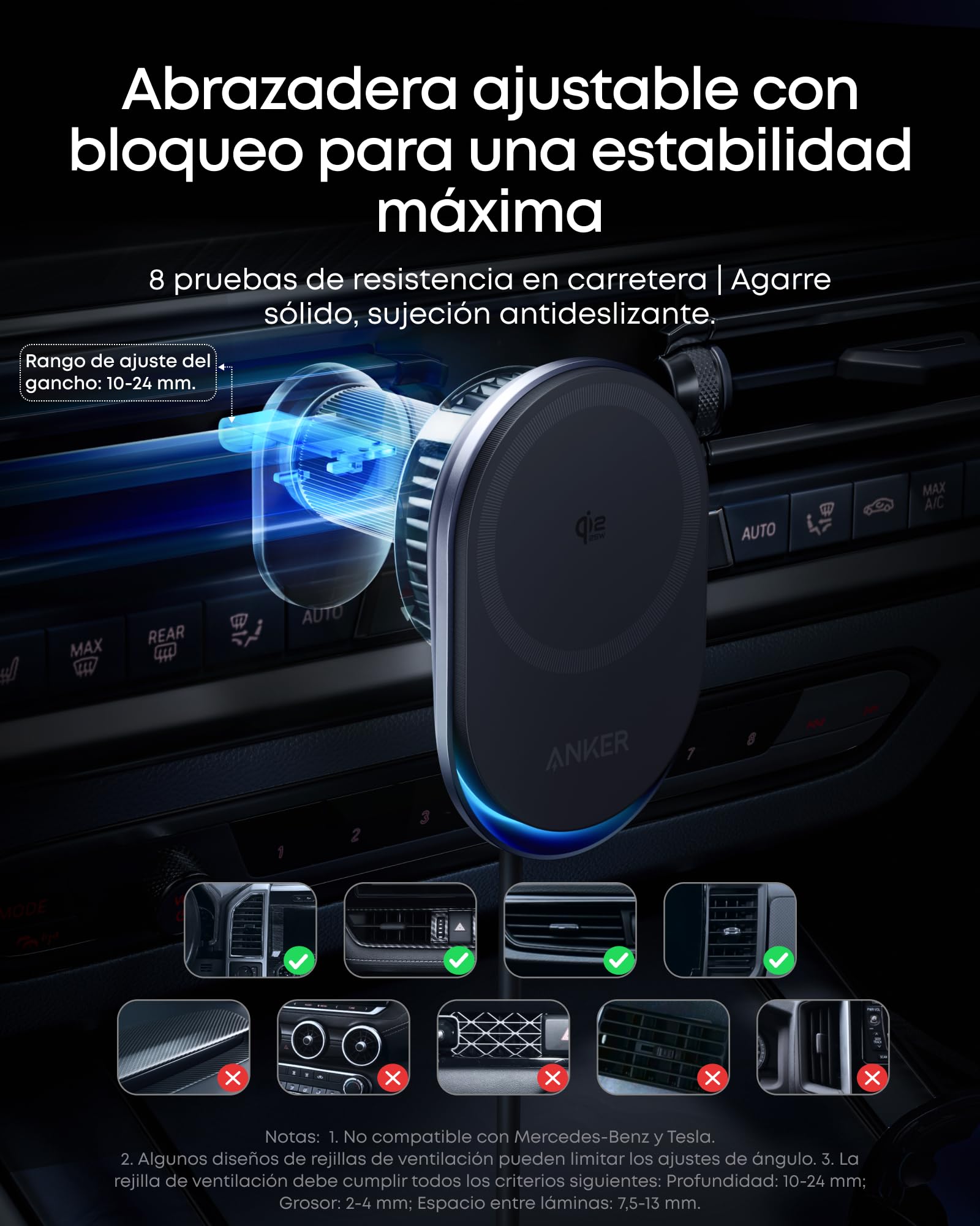 Anker Prime MagSafe Cargador para Coche, certificación Qi2 de 25 W con refrigeración Tec, imanes y Soporte para Rejilla de ventilación para iPhone 17-12 (Incluye Adaptador de 60 W).