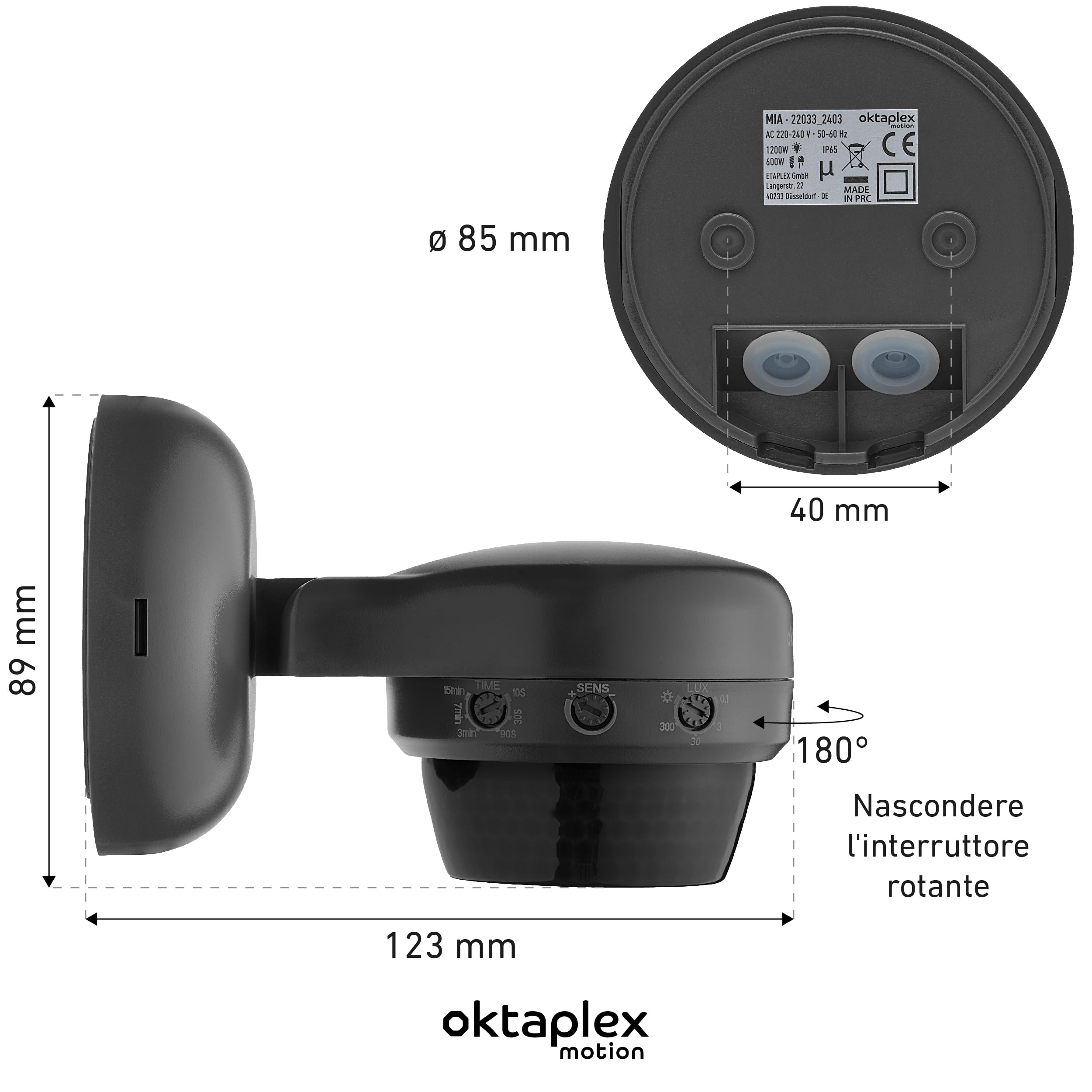 Oktaplex Mia set da 2 sensori di movimento antracite 10 m orientabile | Sensore di movimento IP65 da 360 gradi 10 m da esterno 230 V