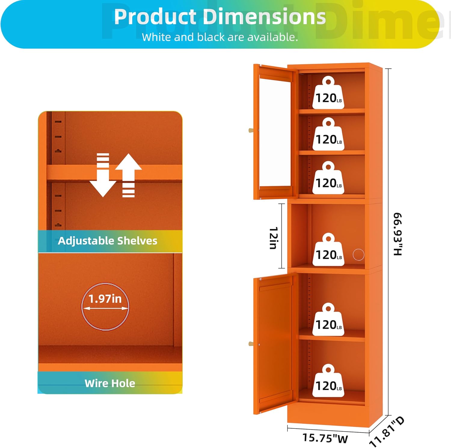 69" Tall Metal Pantry Cabinet with Microwave Stand,Microwave Storage Cabinet with 2 Doors & 3 Adjustable Shelves for Kitchen (2 Glass Doors-Orange, 11.81" D x 15.75" W x 66.93" H)