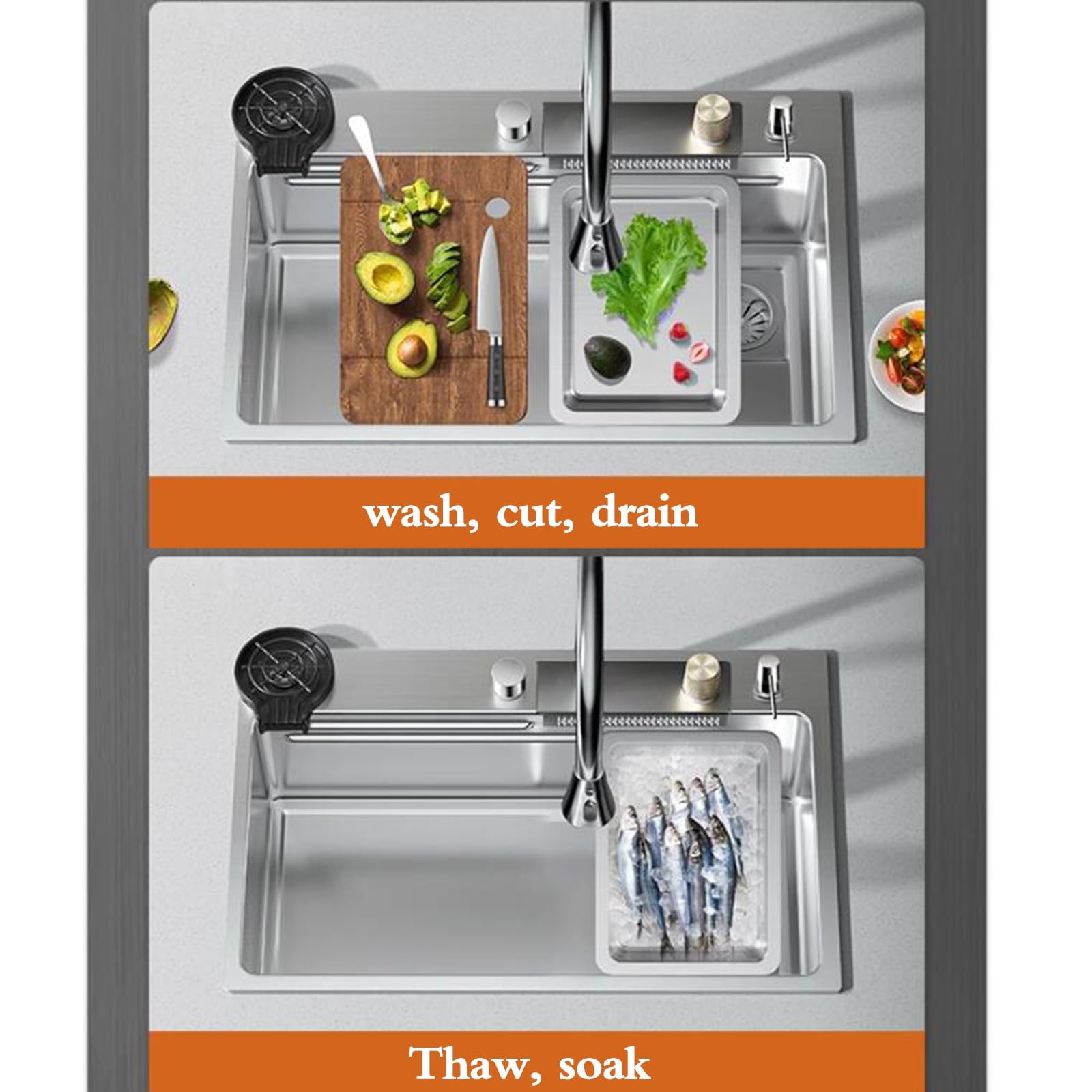 Lavello da cucina a vasca singola in acciaio inox color argento, facile da pulire, lavello da bancone integrato, lavello a sifone multifunzione, 68 x 45 x 22, colore: argento