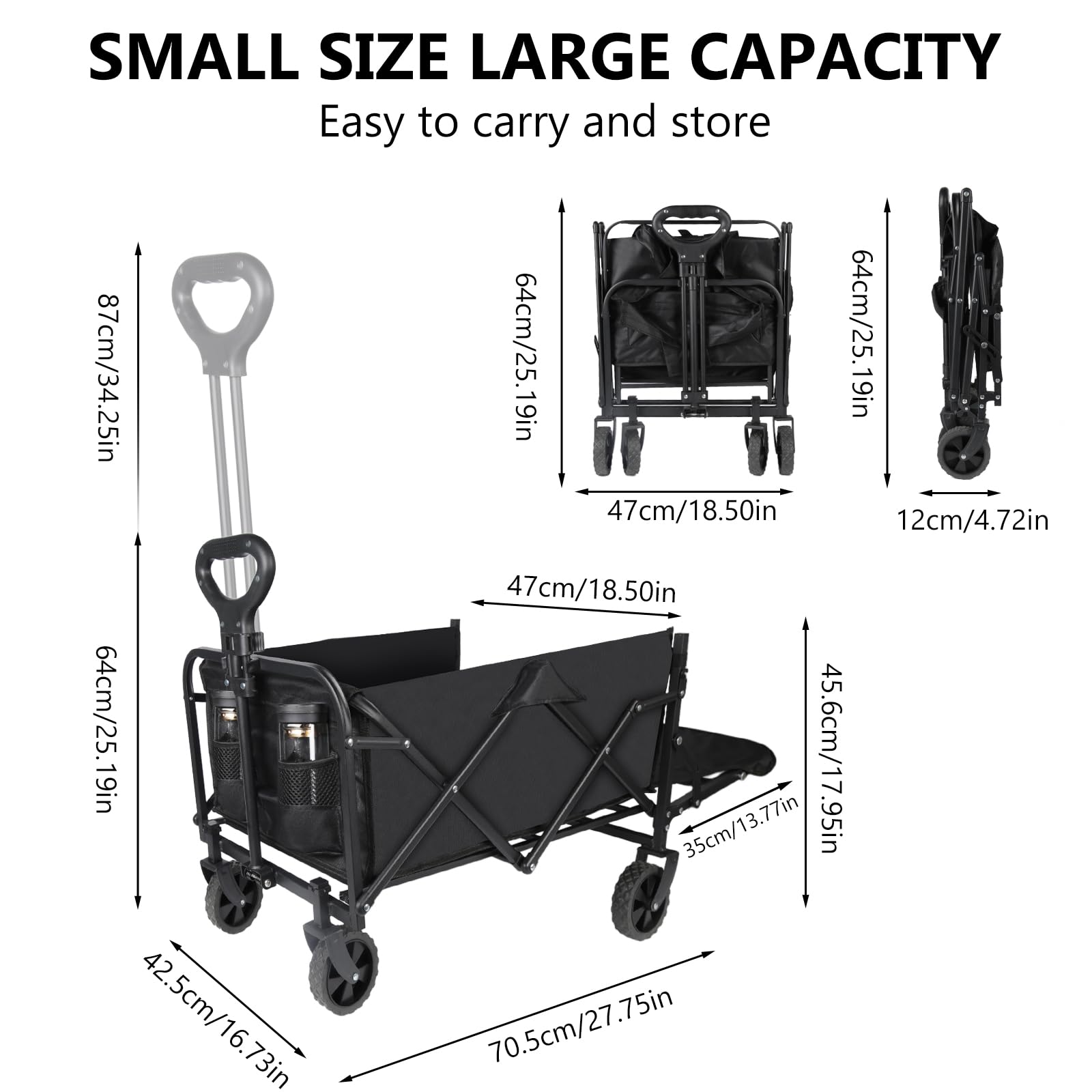 Chariot de Plage Pliable 120L (120KG), Chariot Pliable avec Hayon Arrière Rabattable à Plat pour Objets Longs, Chariot à roulettes 360° + 2 Porte-Gobelets, pour Camping & Shopping, Jardin