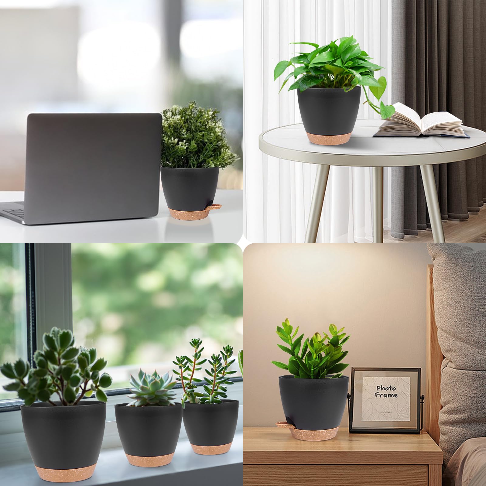 Idealife 5 Pcs Pots de Fleurs en Plastique, 17.8/16.5/15.2/13.9/12.7cm Pots à Fleurs/Plantes en Plastique, Auto-Arrosant avec Soucoupe de Fleur Convient aux Jardins de Balcon Intérieurs(Noir Marron)