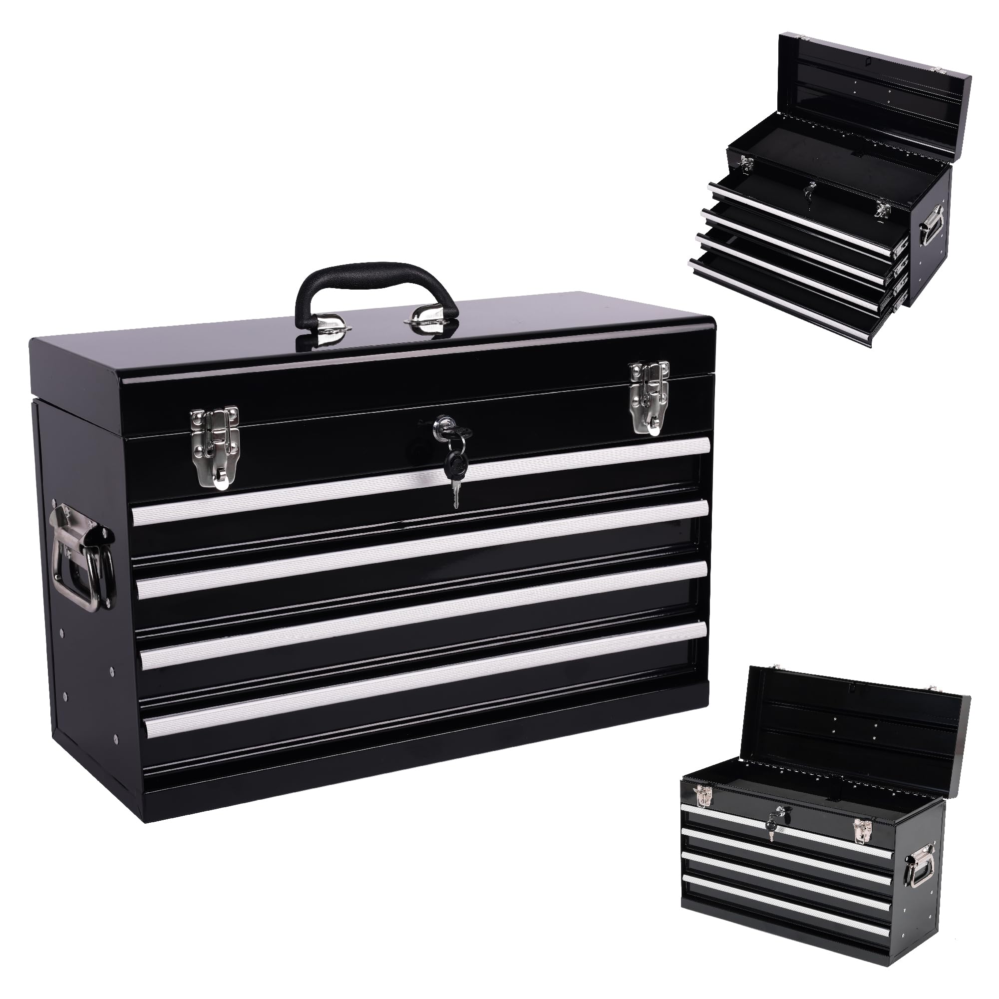 21" Portable 4 Drawer Steel Toolbox, 5 Layers of Tools with Metal Latches, with Top Storage Tray and Carrying Handle, Multi-Function Tool Chest for Garage, Home,or Workbench