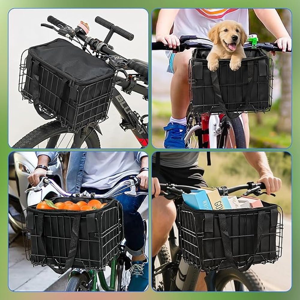 Cestino per bicicletta innovativo con struttura resistente, capacità di carico sicura 15 kg, accessori per monopattino elettrico e bicicletta.