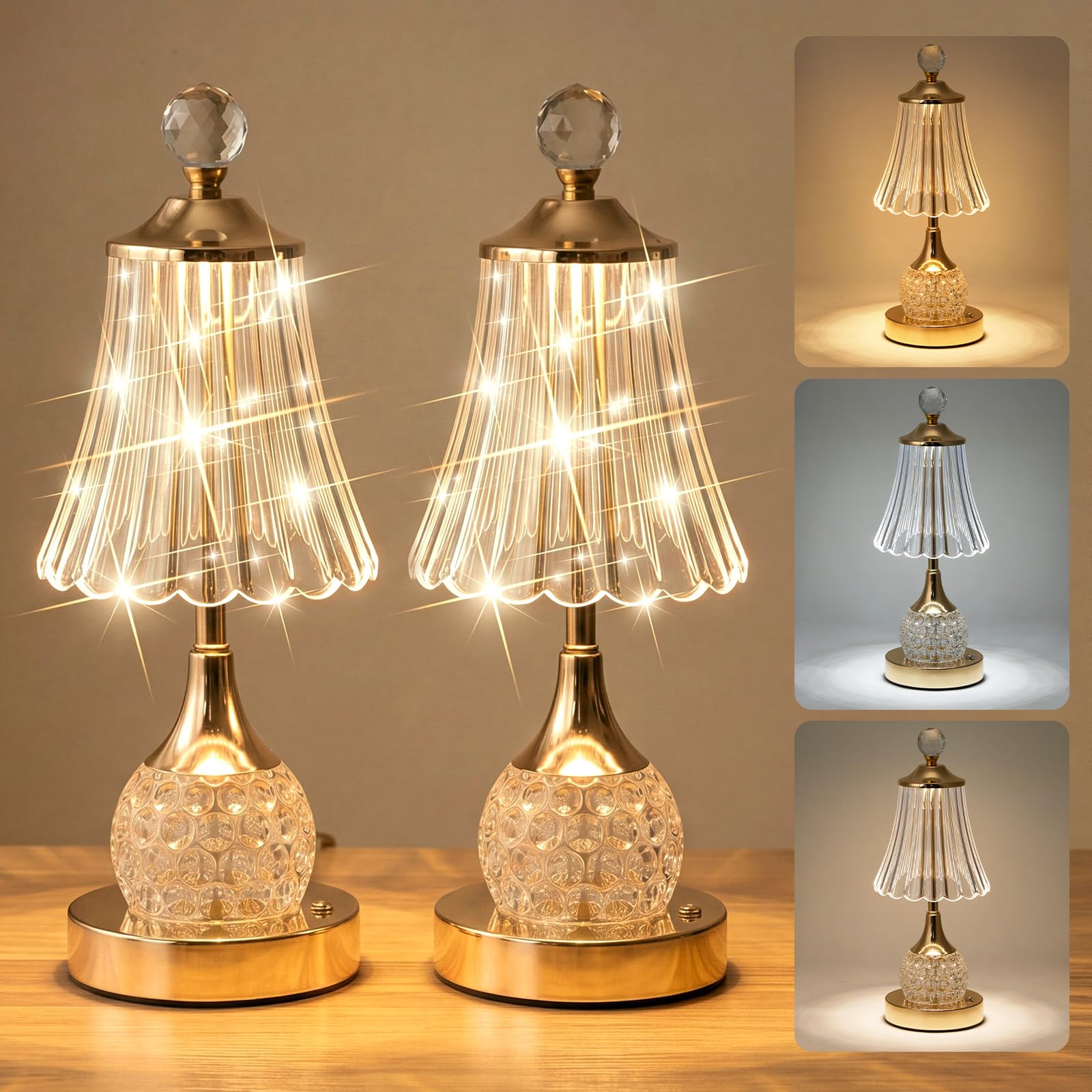 Lot de 2 lampes de table vintage dorées sans fil rechargeables