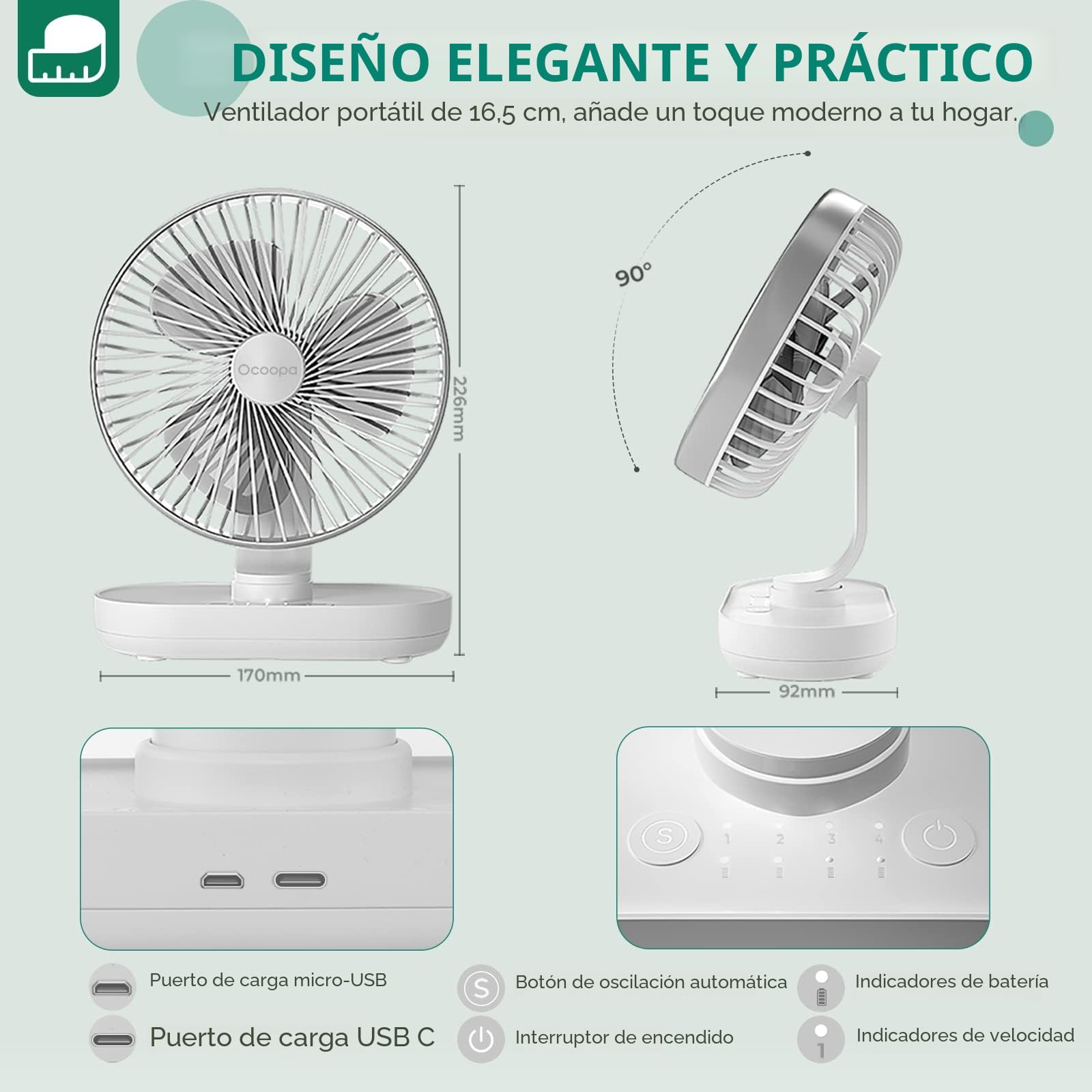 OCOOPA Ventilador Silencioso USB, 16cm Oscilante Ventilador de Escritorio y Batería Recargable 4000mAh, Ventilador de Mesa Portátil, 4 Velocidades para el hogar, cocina, dormitorio, oficina, Plata