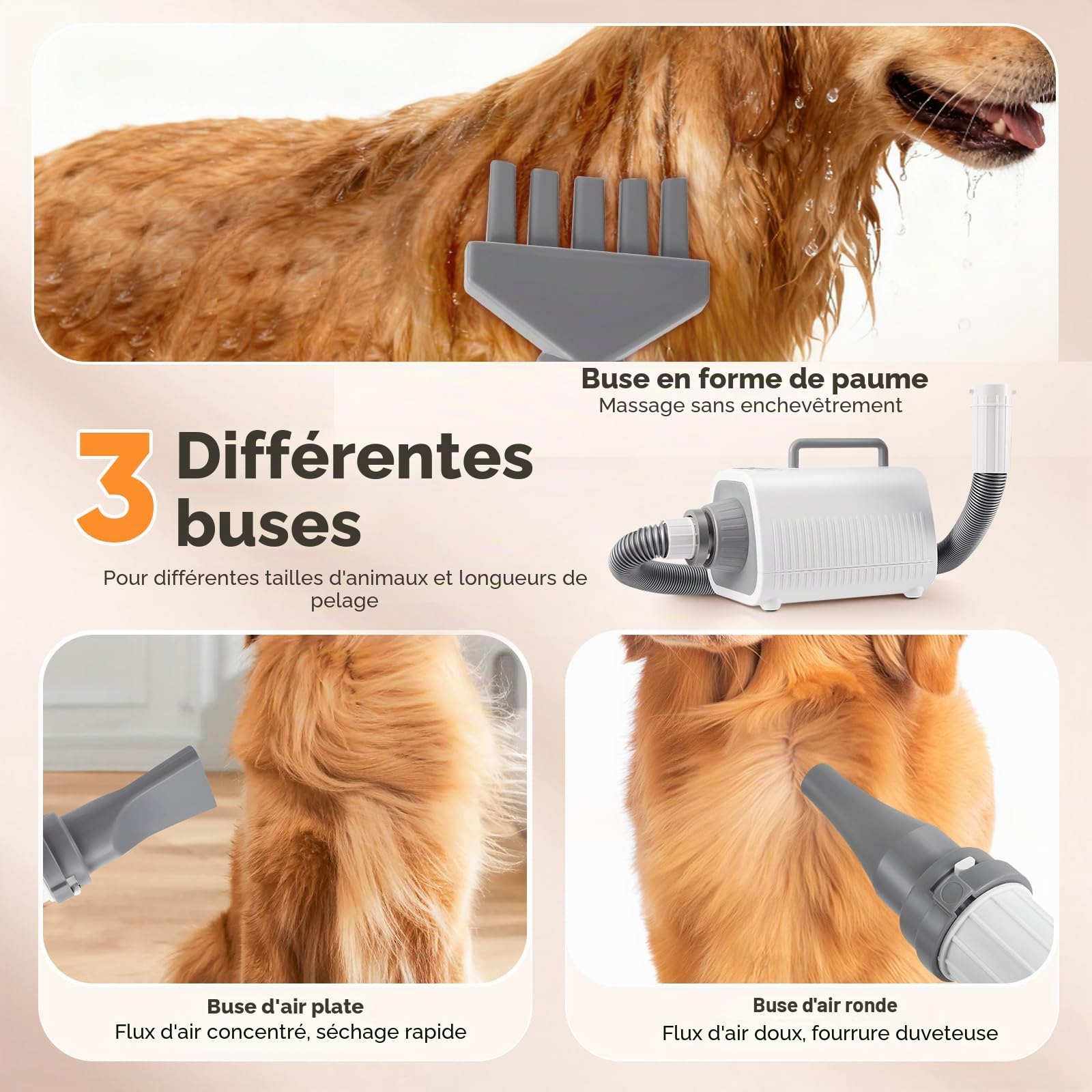 Pulseur pour Chien et Chats,Professionnel Souffleur Chien Séchoir Sèche-Poils, Silencieux (45-65 dB), 9 niveaux de vitesse et de chaleur (30-65 °C), 3 Buses et Tuyau Extensible,chaud et chaud
