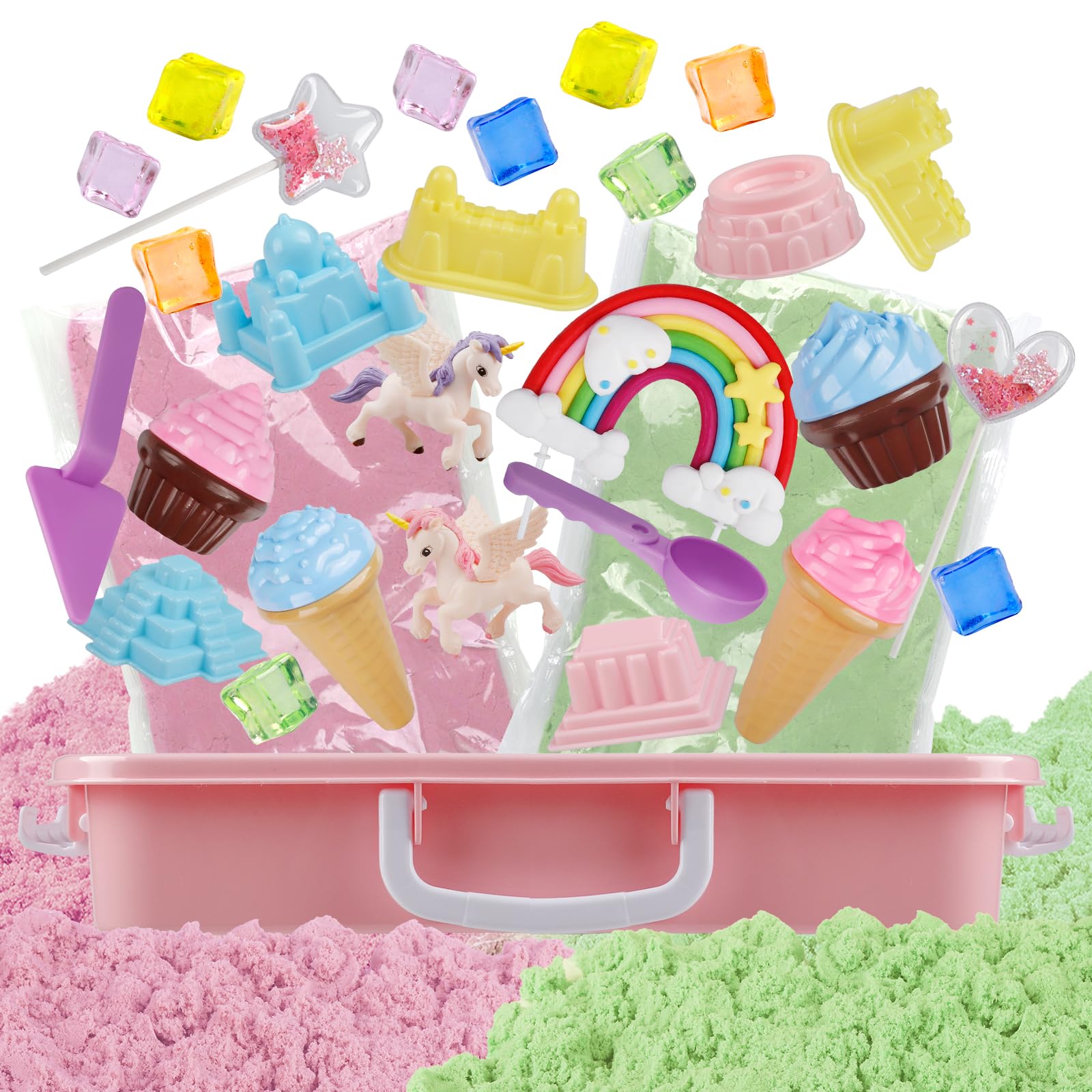 Aliex Juego Arena Mágica Unicornio, Arena Playa para Interiores con Maletín, Set Creativo Mundo de Unicornios – Incluye 1000g Arena Mágica y Accesorios, Regalo para Niñas y Niños de 3 a 8 Años