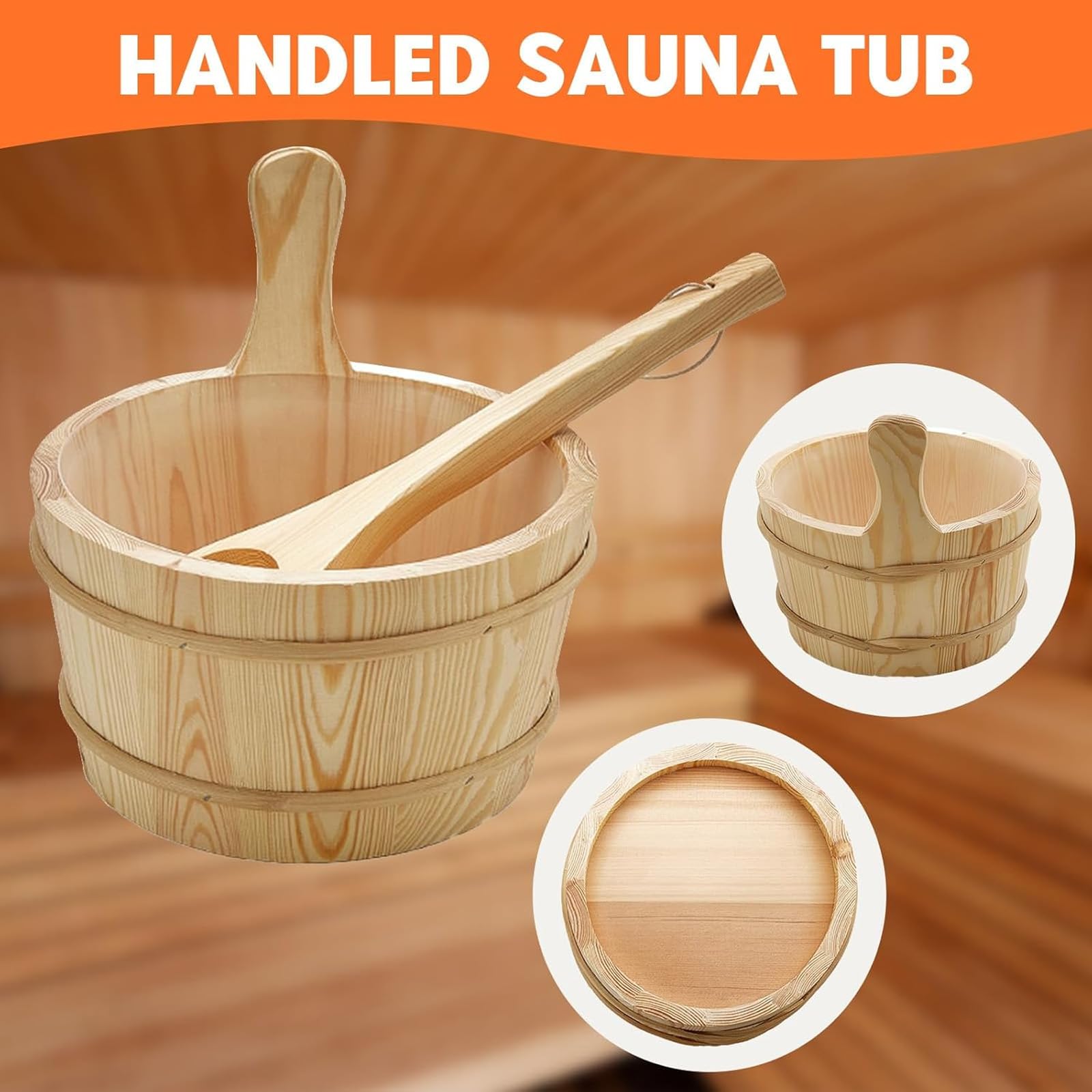 Juego de cubos para sauna (4 litros), cubo de sauna con paleta, cubo de sauna de madera con cucharón, reloj de arena, termo, higrómetro, cubo de sauna resistente al calor, 4 l, incluye inserto