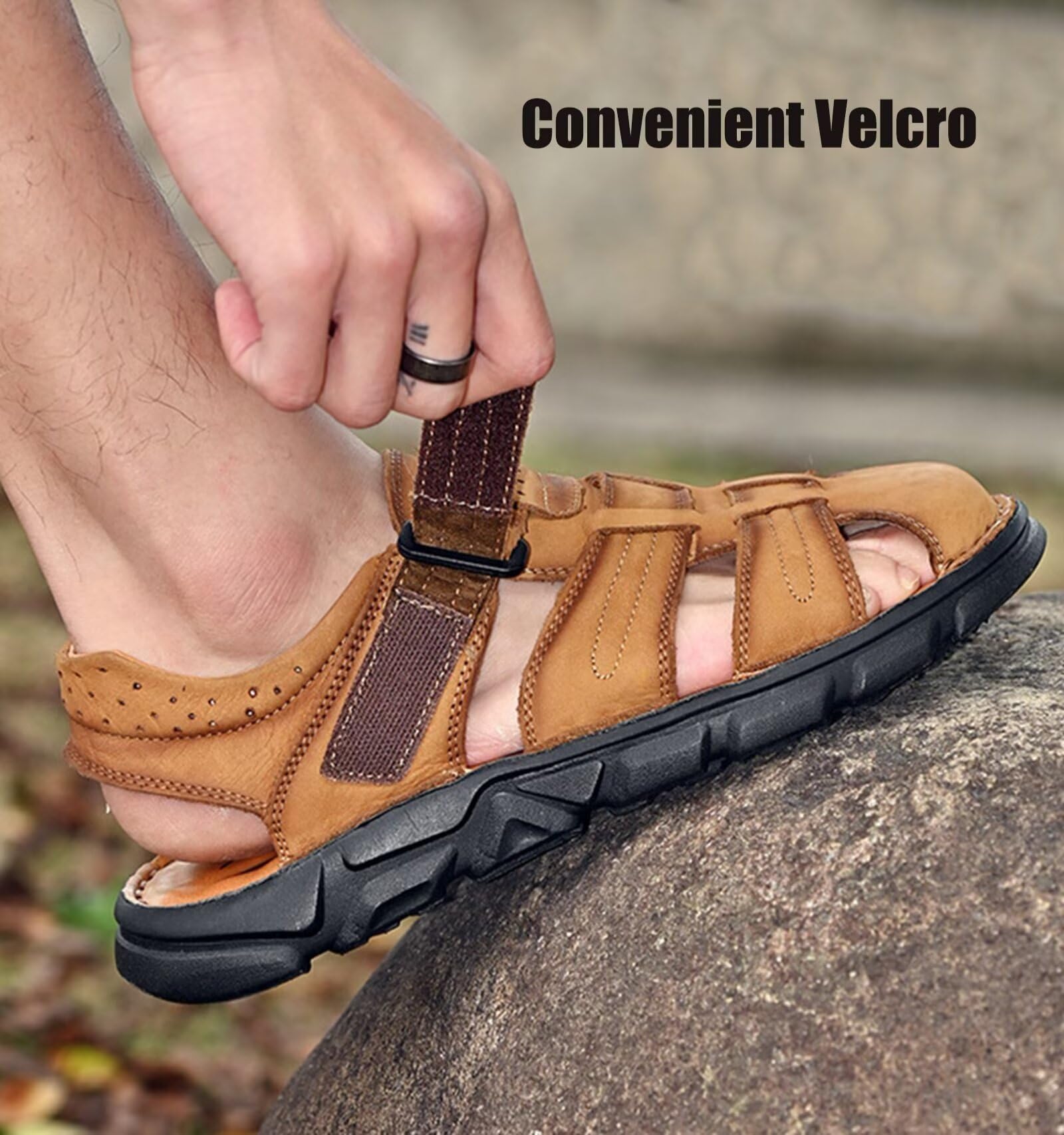Rivccku Sandalias de Cuero con punta cerrada para hombre,Sandalias deportivas al aire libre 38-48