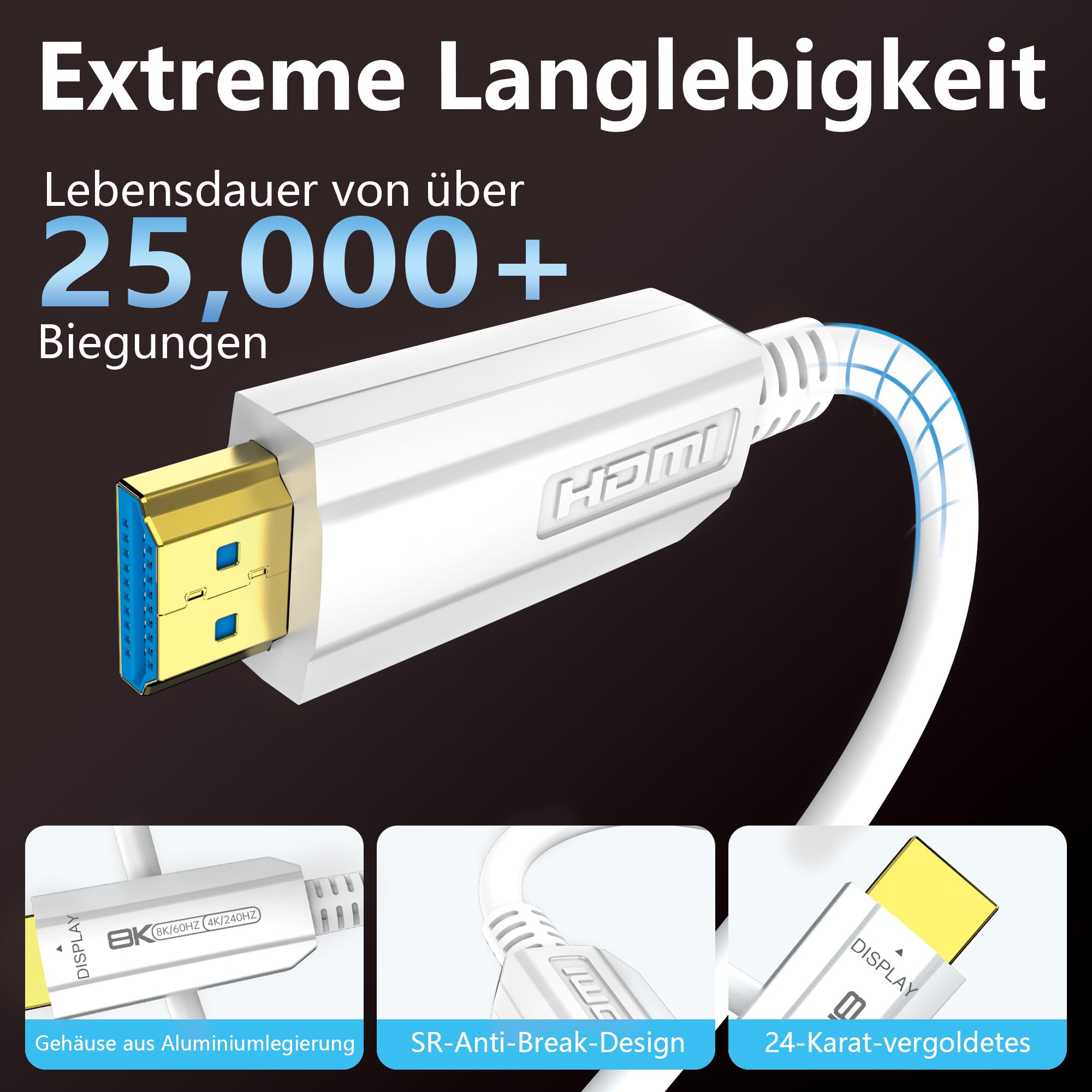 8K HDMI Glasfaser kabel 15Meter , Lang HDMI 2.1 Kabel Aktives, HDMI 2.1 Kabel 48Gbps Ultra High Speed Speed 8K@60Hz,4K@120Hz/144Hz HDR10 eARC 3D HDCP 2.3 für HDTV, Monitor, Laptop, Heimkino - Weiß