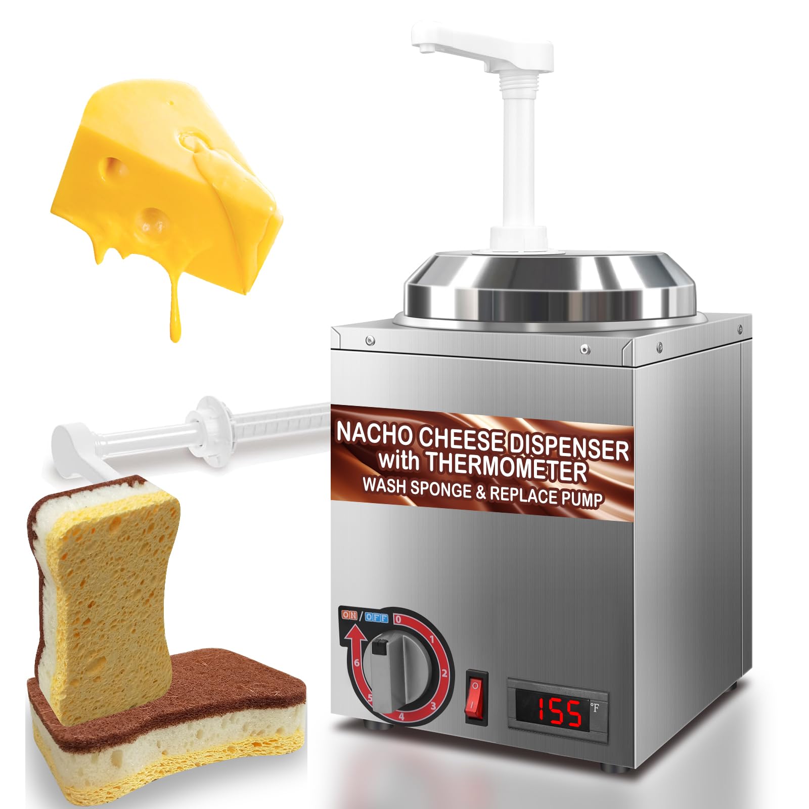 Dispensador calentador de queso con termómetro, calentador de queso Nacho con capacidad de 2.8 cuartos con indicador de temperatura, dispensador eléctrico de dulce caliente, 86-194 F para