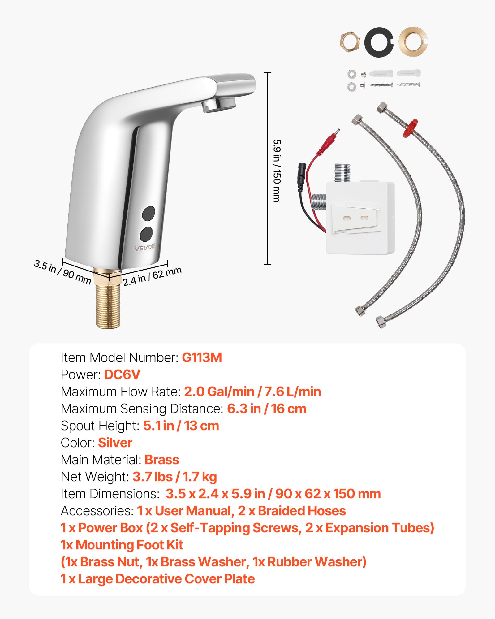 VEVOR Grifo de Lavabo sin Contacto, de Latón, Grifo Automático para Inodoro de Agua Fría con Un Solo Orificio, a Pilas con Sensor, Alcance 16 cm, Cromado Plateado, 90 x 62 x 150 mm, 7,6 L/min
