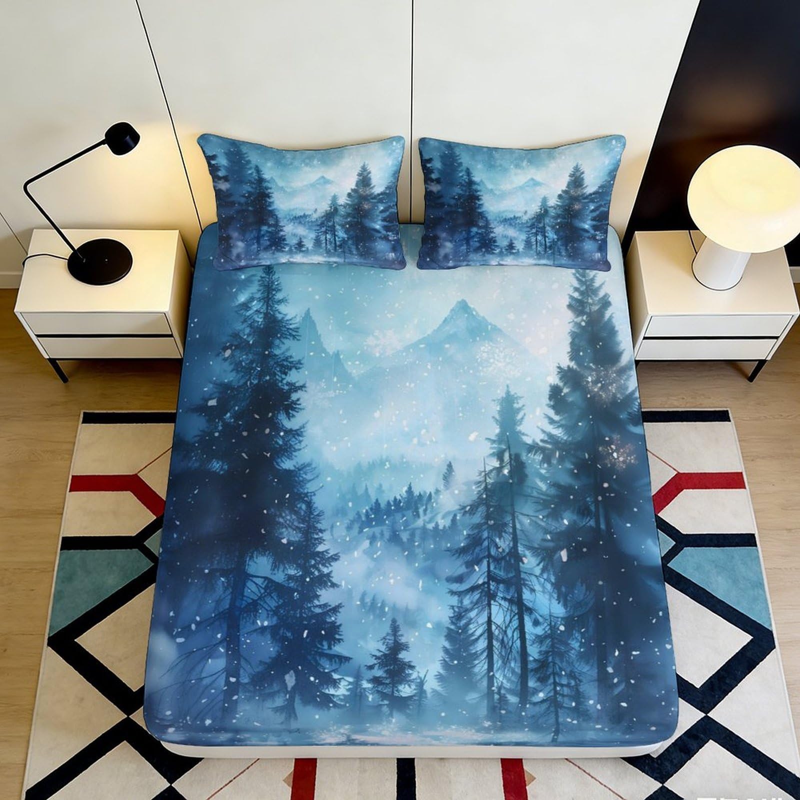 3D Printed Forest Landscape Fitted Sheet Microfiber Deep Pocket Non-Slip Pine Scene Mattress Fitted Cover for Bedroom Home 140x200x25cm