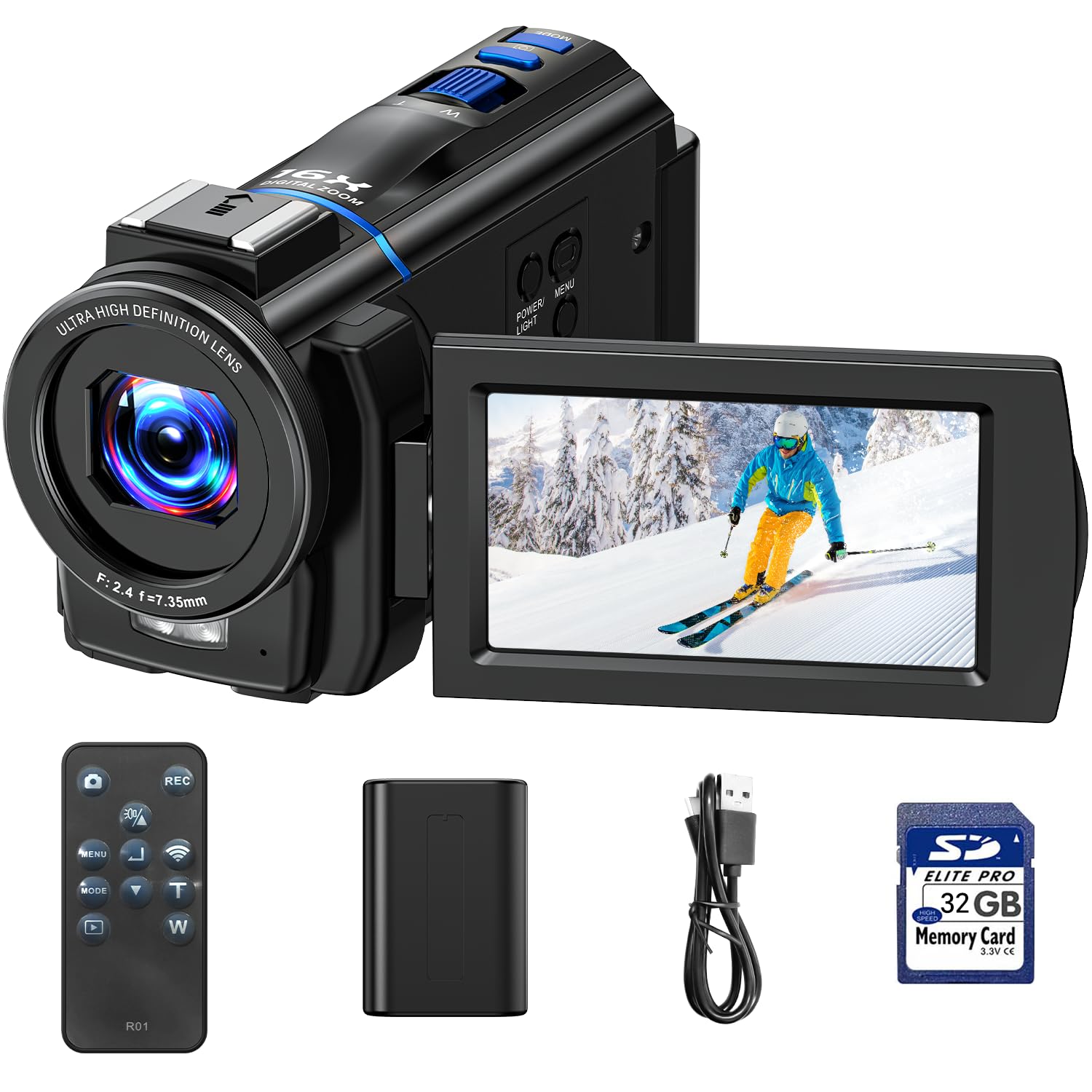 Camcorder 5K 48MP Videocamera YouTube Vlogging, Visione Notturna Webcam, zoom digitale 16X, Schermo Tattile 3" 270°, Camera Vlog con con scheda SD da 32 GB, luce di riempimento, telecomando, Batteria