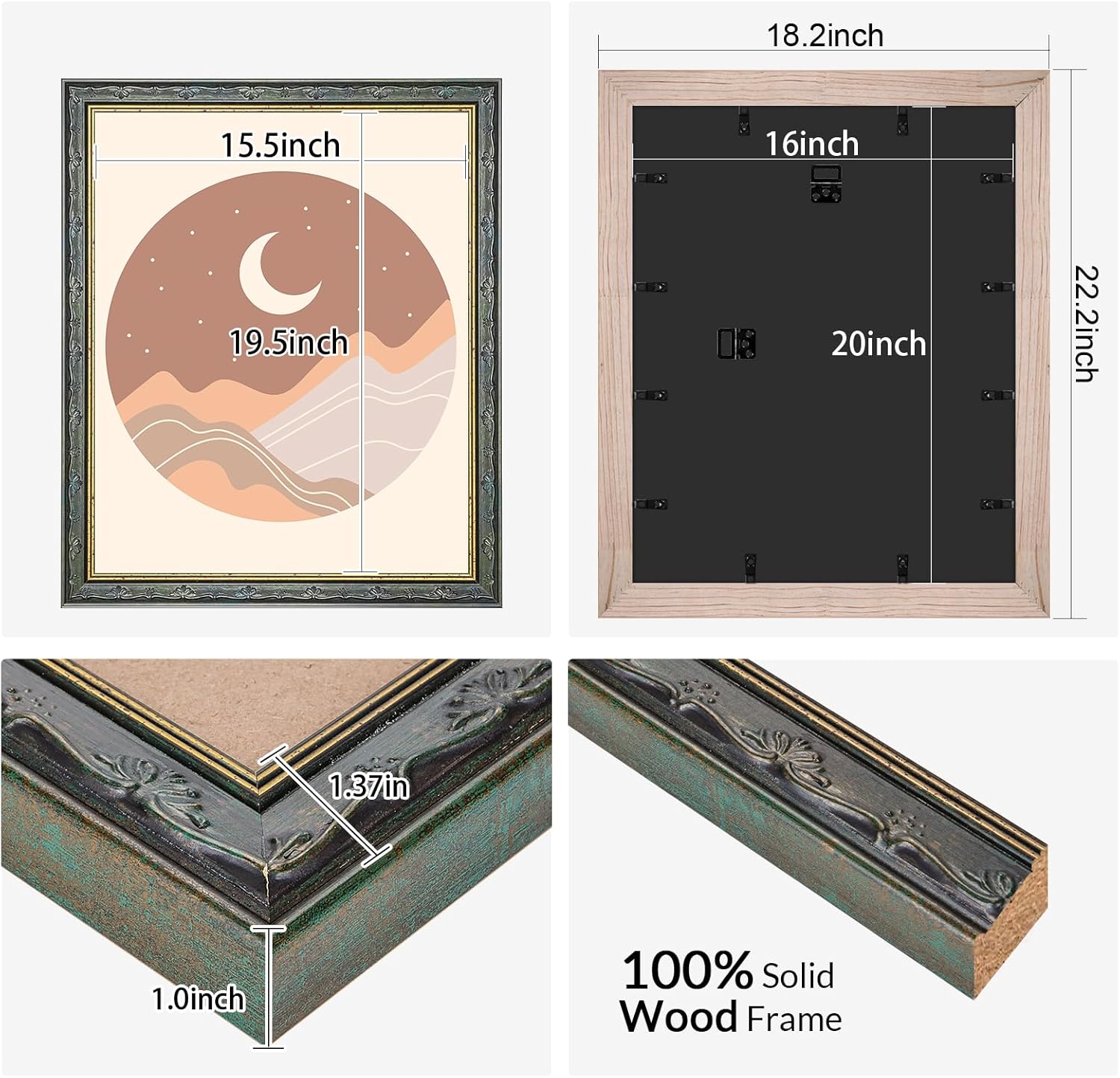 16x20 Wood Frame Vintage Green, Rustic 20x16in Floral Picture Frames, 16 x 20inch Gallery Photo Pic Display with HD Plexiglass, 1.4in Widen 1in Thick, Horizontal Vertical Wall Display