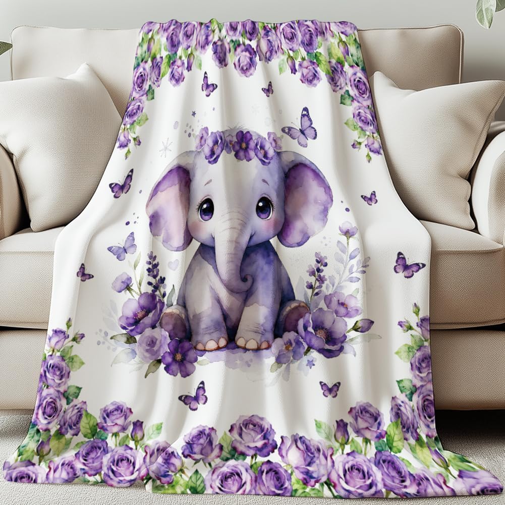 GLOBLELAND Little Elephant Blanket 59×51inch Purple Roses Flowers Soft Cozy Flannel Throws Butterflies Washable Fuzzy Throw Blanket for Home Office Room Bed Sofa Chair Gifts