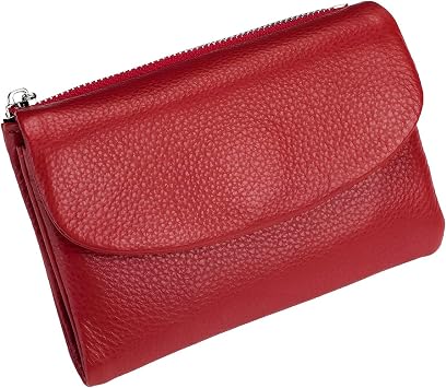 Unisex Pebble Leather Wallet,Slim Genuine Full Grain Bifold with Dual Zippered Coin Pockets, 6 Card Slots & Cash Divider, Scratch Resistant, Water Repellent Design Red